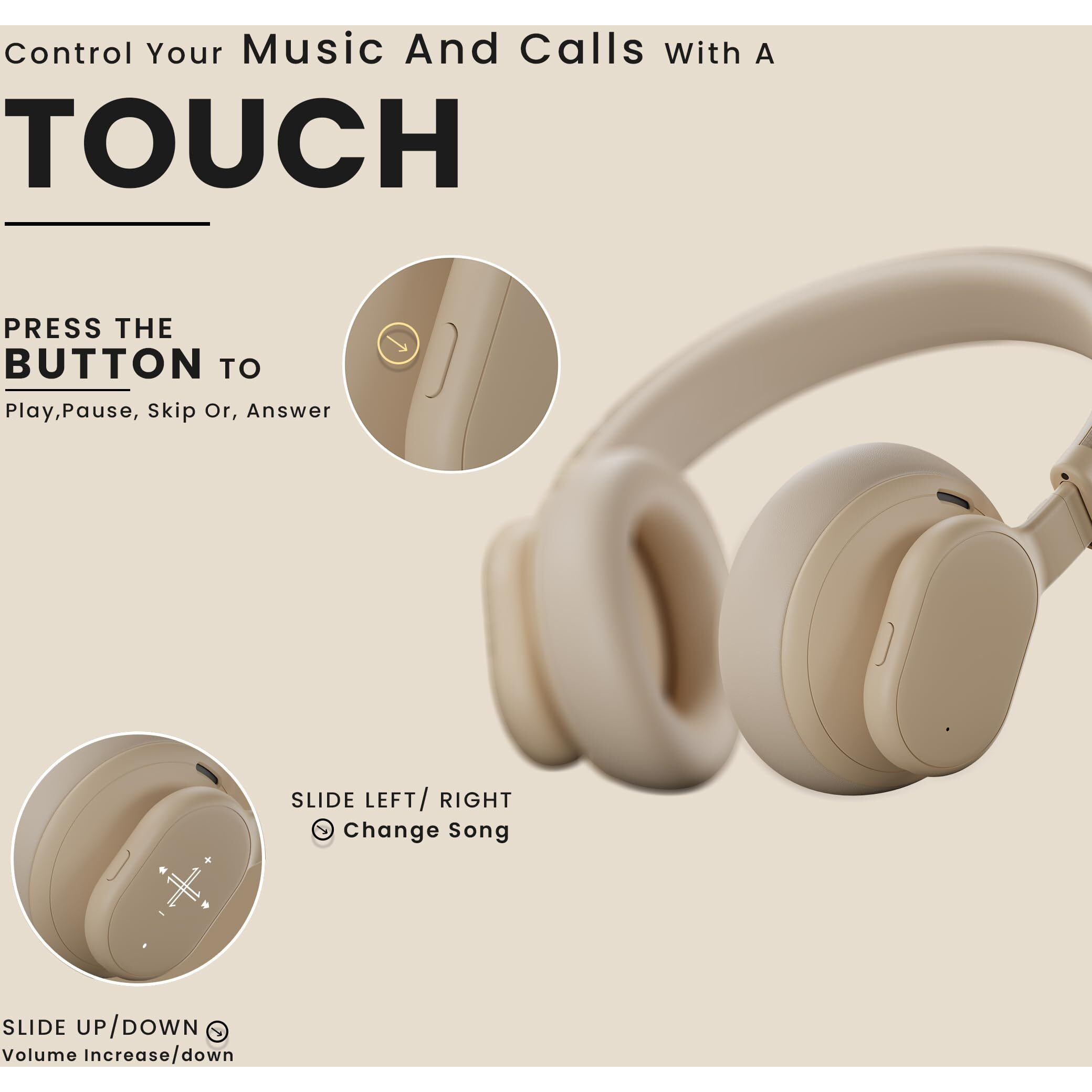HAMMER Bash Max Over The Ear Wireless Bluetooth Headphones with Mic, Touch Control, Deep Bass, Upto 40 Hours Playtime, Bluetooth 5.3, Workout/Travel (Apricot)