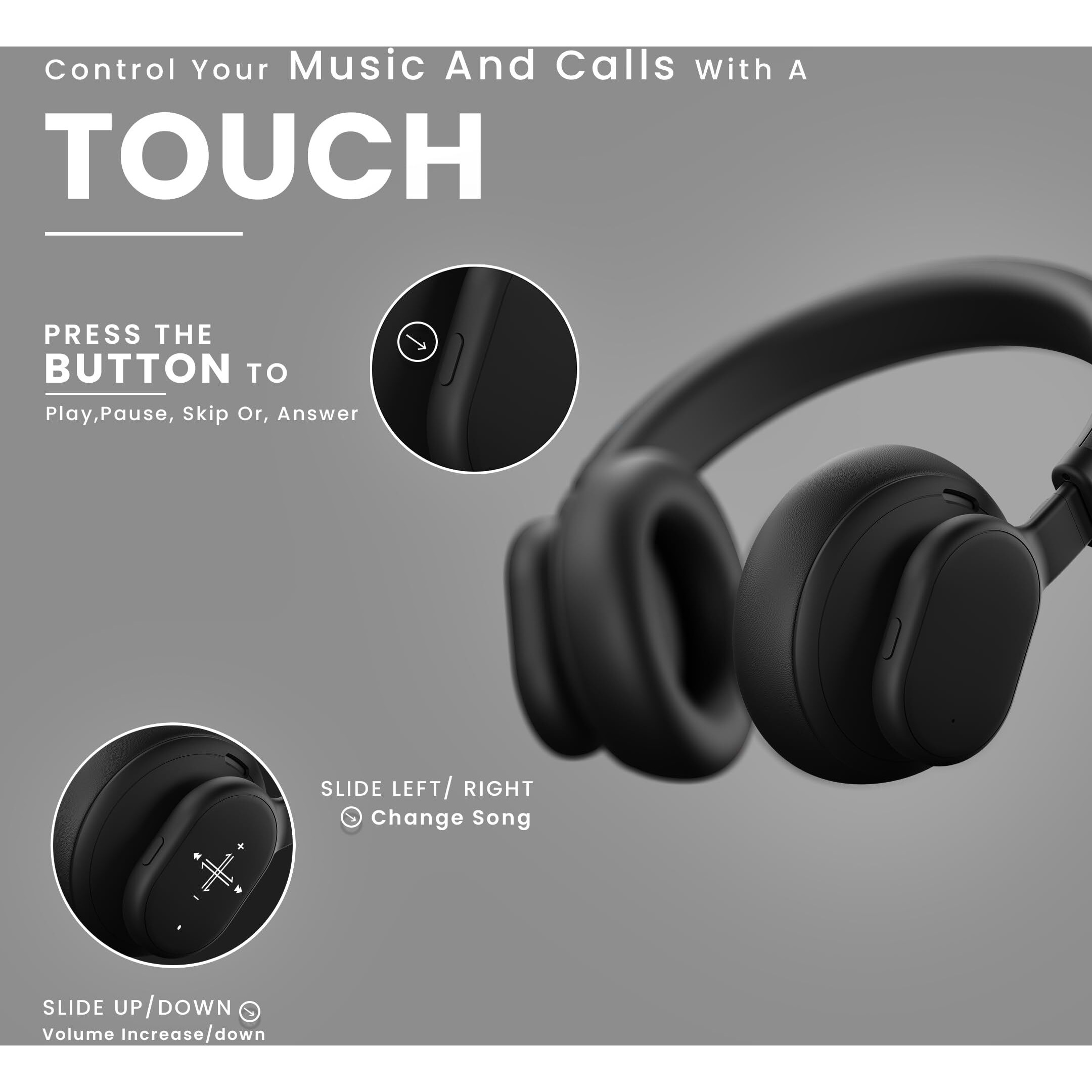 HAMMER Bash Max Over The Ear Wireless Bluetooth Headphones with Mic, Touch Control, Deep Bass, Upto 40 Hours Playtime, Bluetooth 5.3, Workout/Travel (Black)