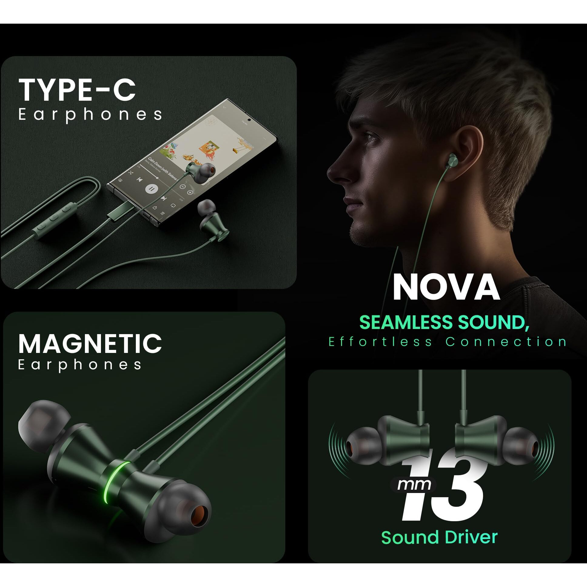 HAMMER Nova in Ear C Type Earphones Wired with Mic,13mm Driver, in-line Control, Metallic Built, Powerful Bass, Comfortable & Lightweight (Green)