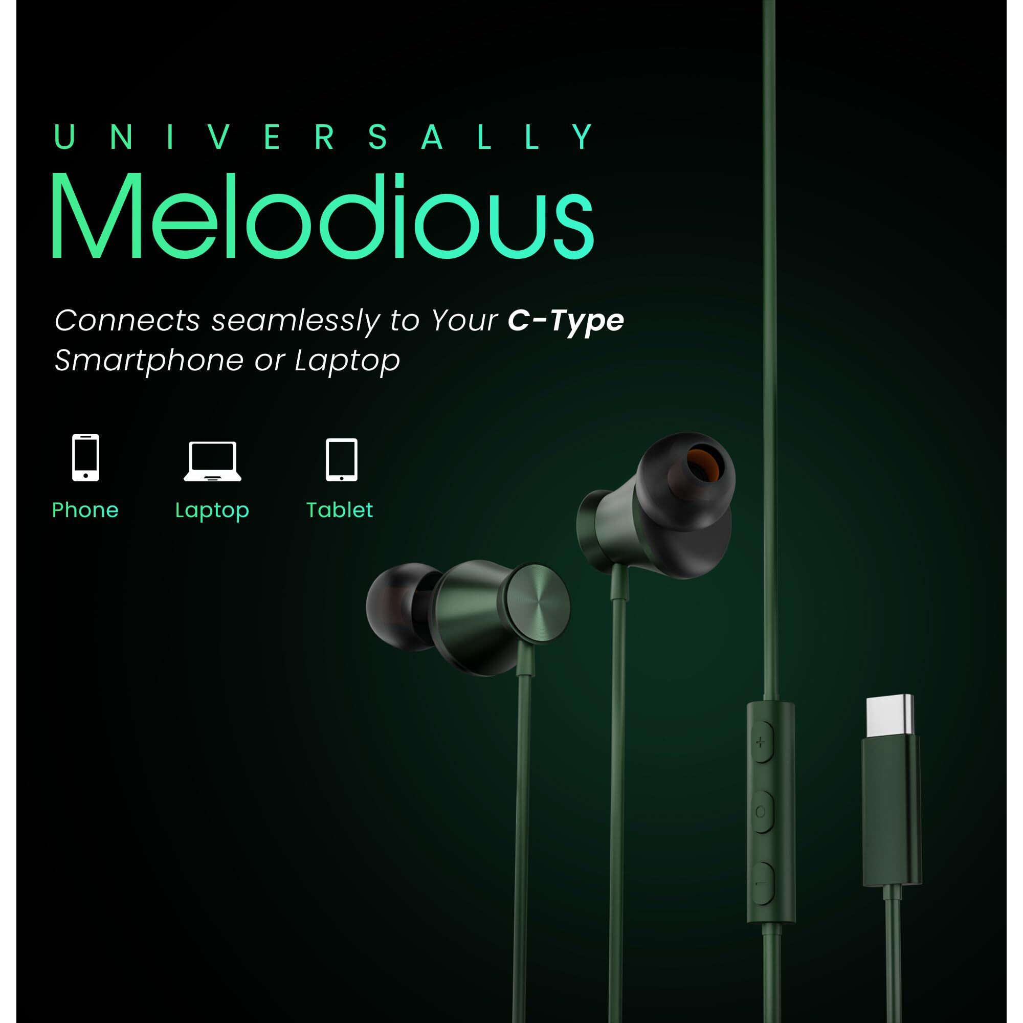HAMMER Nova in Ear C Type Earphones Wired with Mic,13mm Driver, in-line Control, Metallic Built, Powerful Bass, Comfortable & Lightweight (Green)