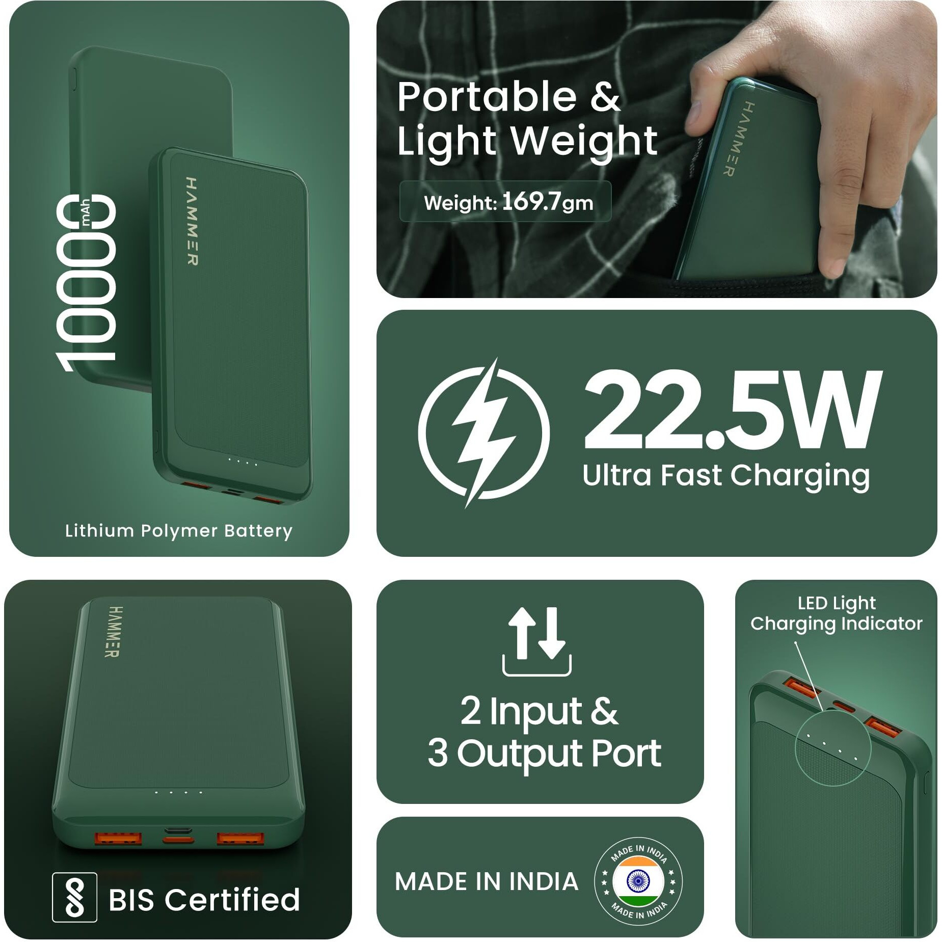 Hammer Ultra Charge 10000mAh 22.5W Power Bank 20W PD Fast Charging, 3 Output, 2 Input Ports Type-C/PD, Micro USB and Multiple Layers of Protection (Green)