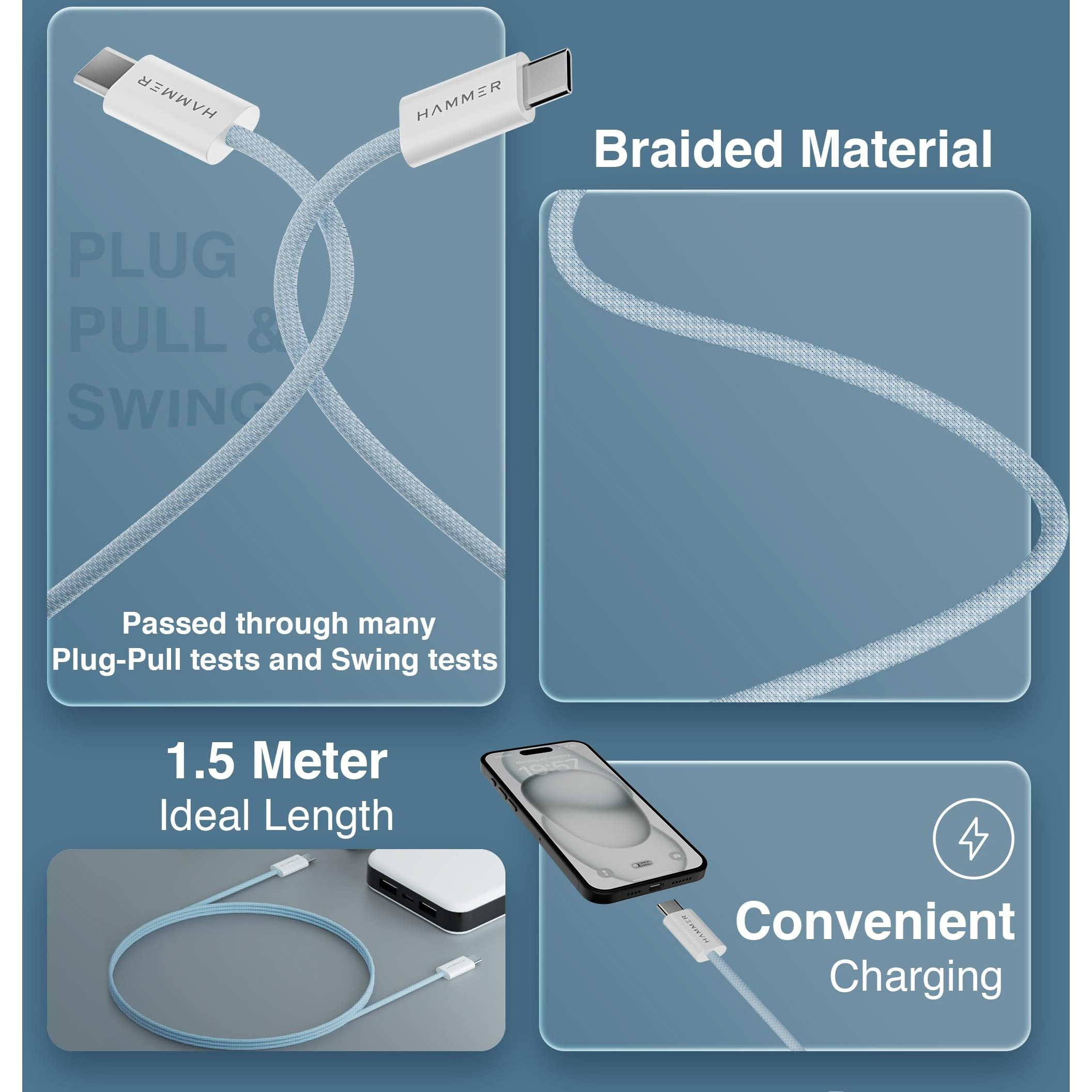 HAMMER Type C to Type C Cable 65W Braided, PD Fast Charging, Data Sync, 1.5 Meter Tangle Free Wire, Compatible with all C-Type Enabled Devices (Blue)