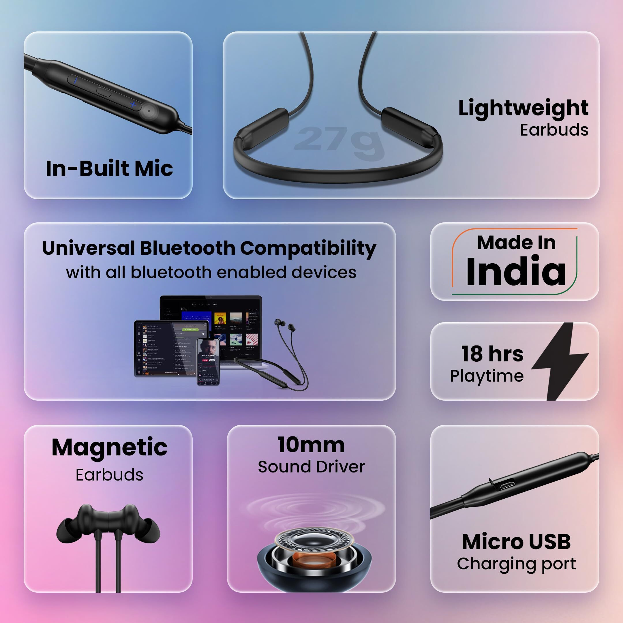 HAMMER Splendor in Ear Bluetooth Neckband with Magnetic Earbuds, Deep Bass, Built-in Mic, Upto 18 Hrs Playtime, BT 5.2, Micro USB Charging Port (Black)