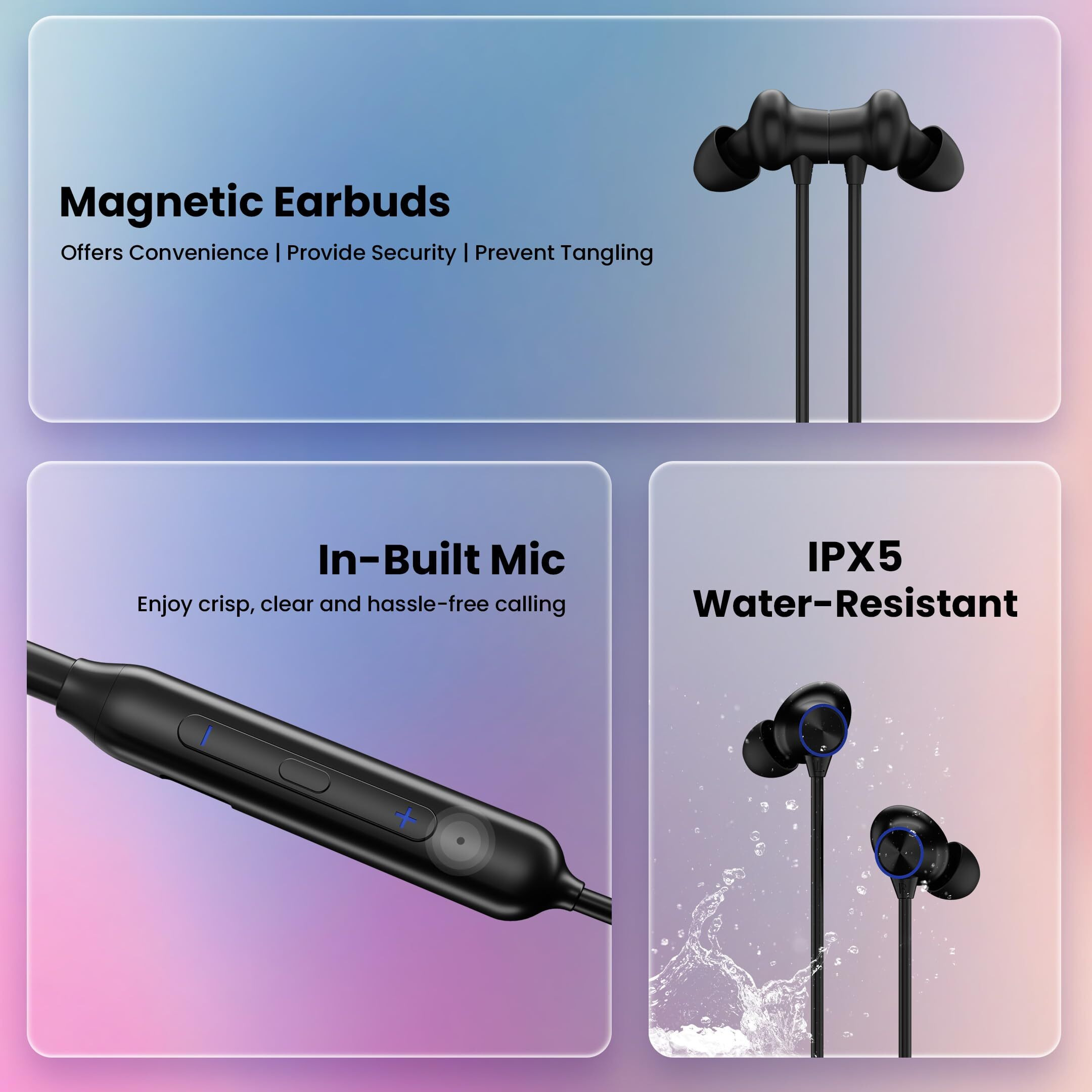 HAMMER Splendor in Ear Bluetooth Neckband with Magnetic Earbuds, Deep Bass, Built-in Mic, Upto 18 Hrs Playtime, BT 5.2, Micro USB Charging Port (Black)