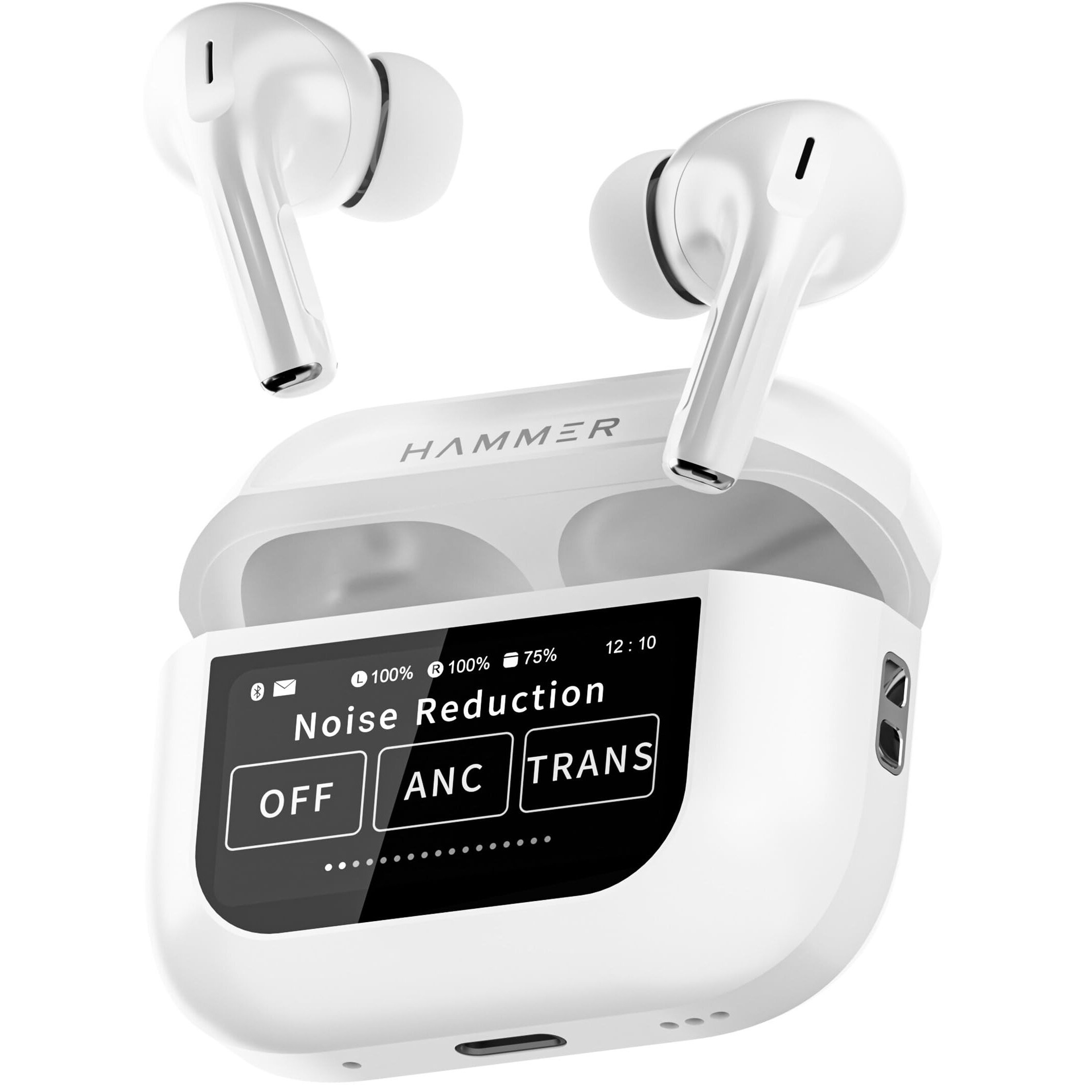 HAMMER Screen TWS, ANC (32dB), Smart Touch Display True Wireless Buds, Type-C Fast Charging, Bv5.4, Find My Earbuds, 4 Mics ENC for Clear Calling, Transparency Mode, EQ Mode (White)