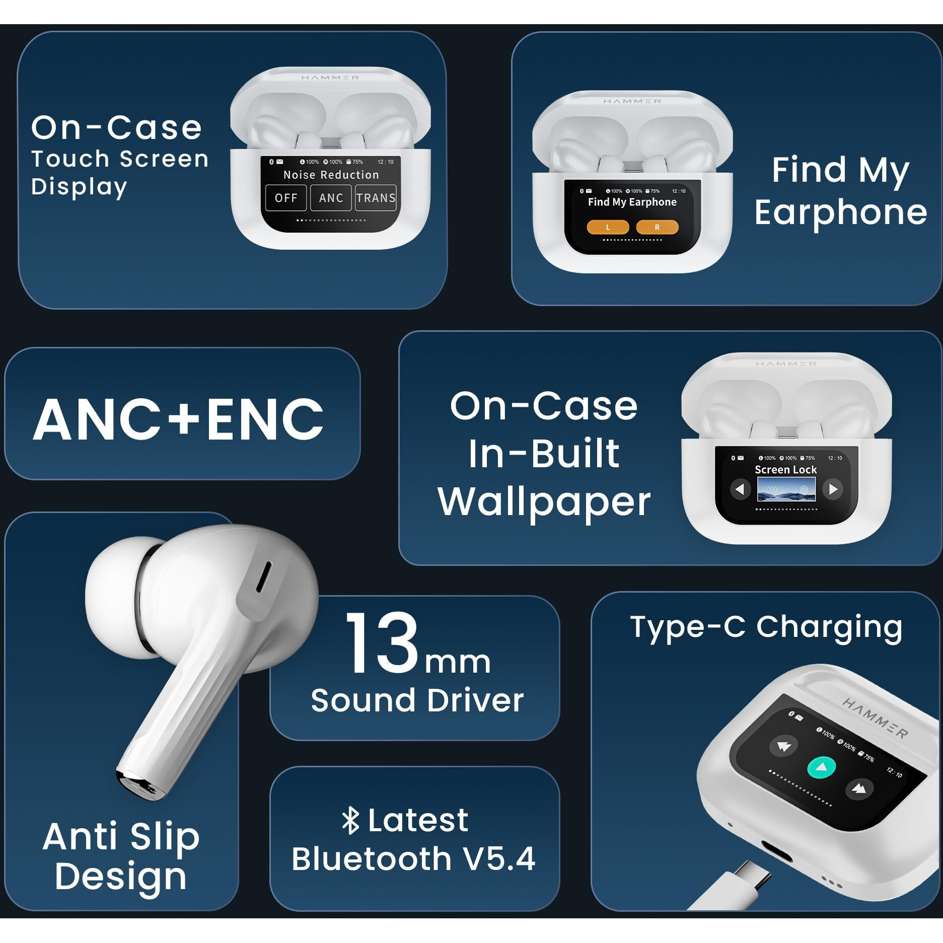 HAMMER Screen TWS, ANC (32dB), Smart Touch Display True Wireless Buds, Type-C Fast Charging, Bv5.4, Find My Earbuds, 4 Mics ENC for Clear Calling, Transparency Mode, EQ Mode (White)