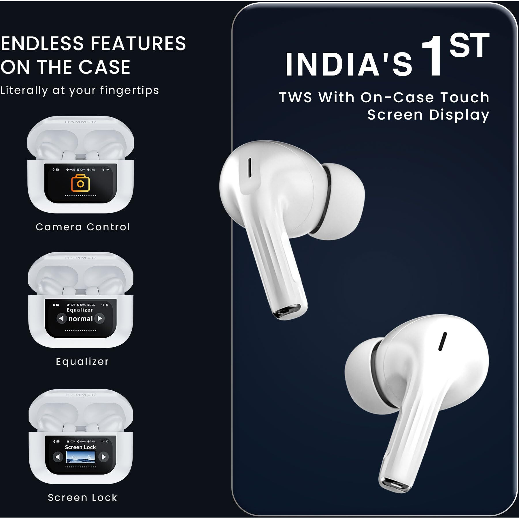 HAMMER Screen TWS, ANC (32dB), Smart Touch Display True Wireless Buds, Type-C Fast Charging, Bv5.4, Find My Earbuds, 4 Mics ENC for Clear Calling, Transparency Mode, EQ Mode (White)