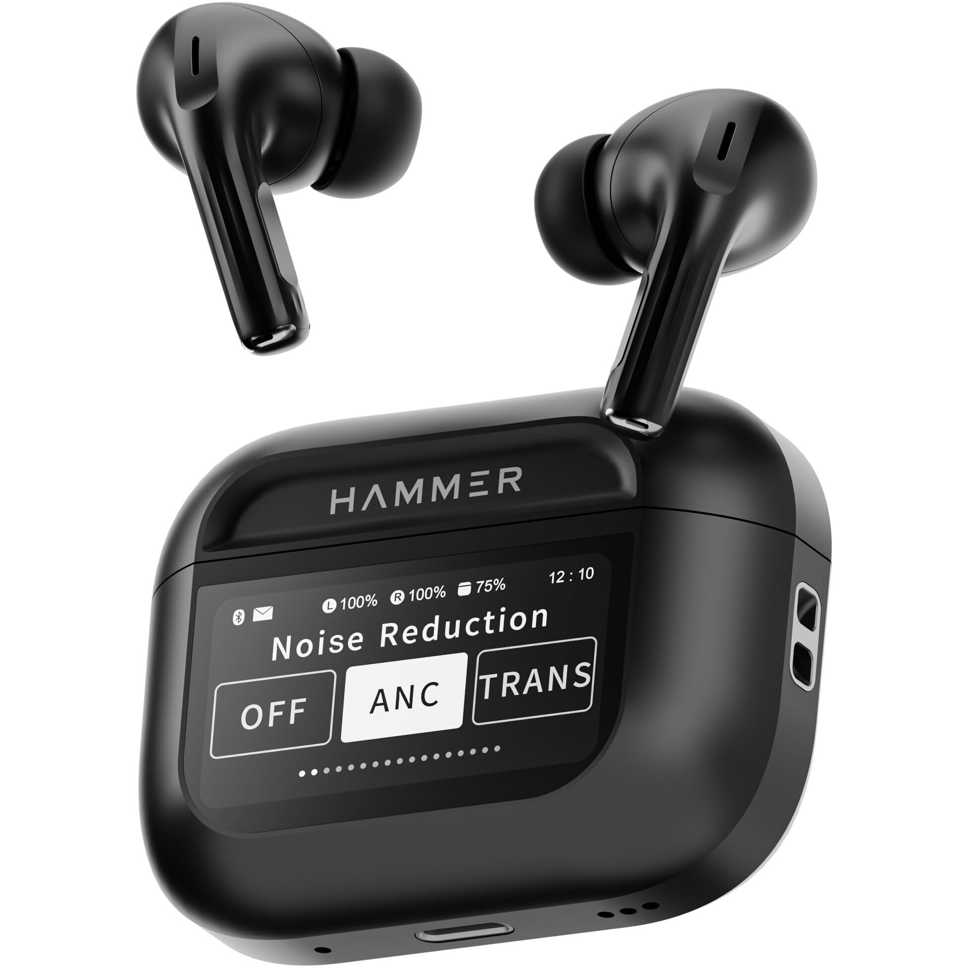 HAMMER Screen TWS, ANC (32dB), Smart Touch Display True Wireless Buds, Type-C Fast Charging, Bv5.4, Find My Earbuds, 4 Mics ENC for Clear Calling, Transparency Mode, EQ Mode (Black)