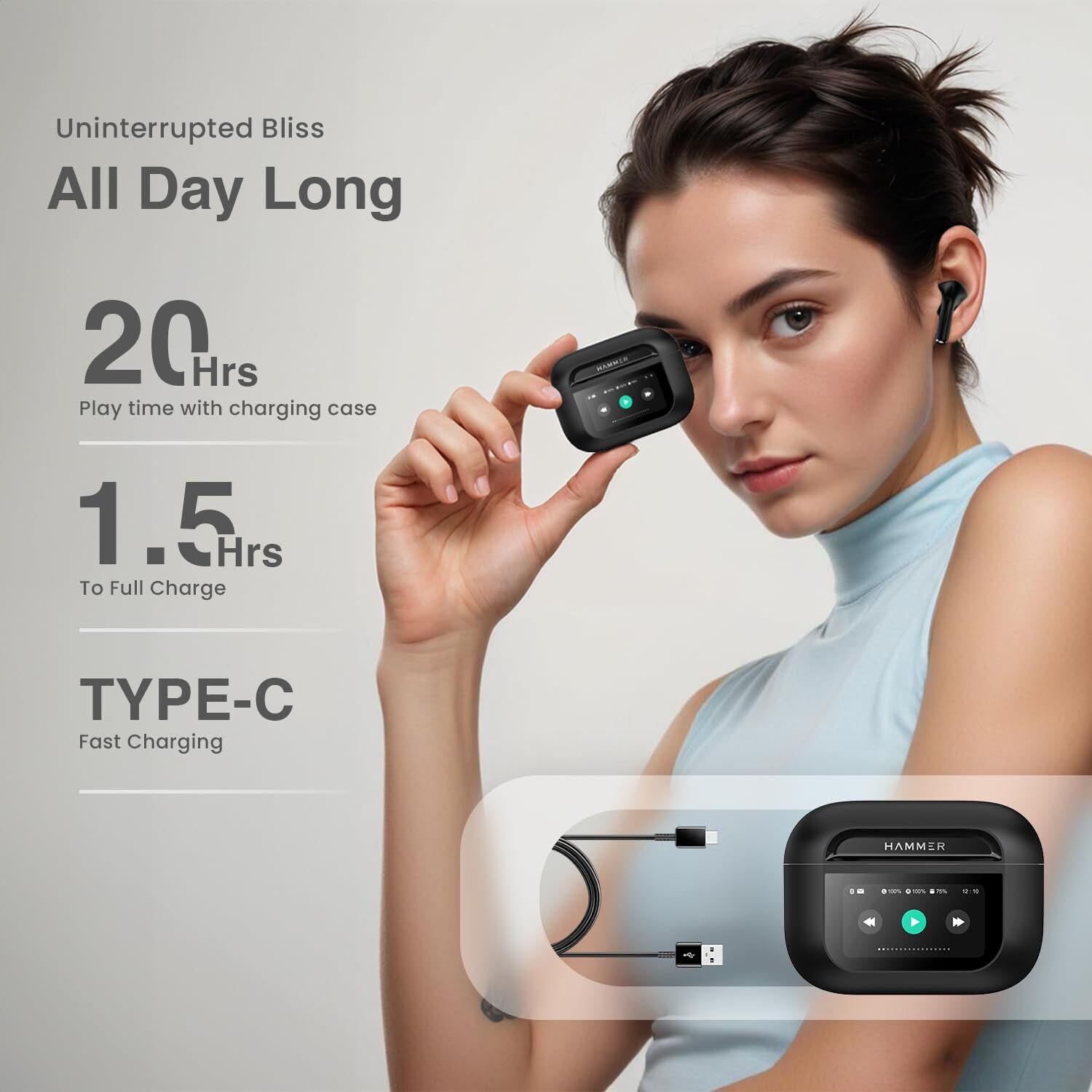 HAMMER Screen TWS, ANC (32dB), Smart Touch Display True Wireless Buds, Type-C Fast Charging, Bv5.4, Find My Earbuds, 4 Mics ENC for Clear Calling, Transparency Mode, EQ Mode (Black)