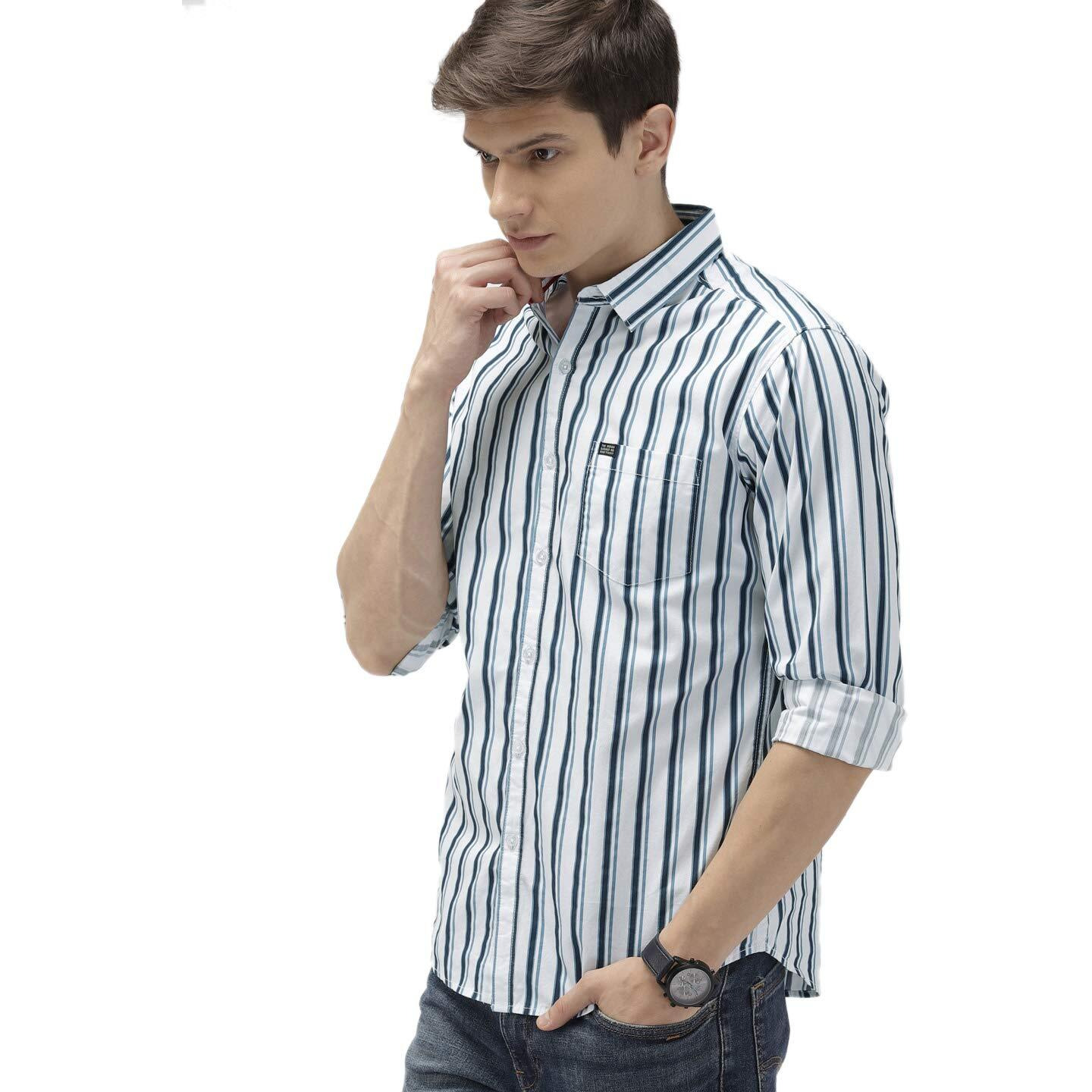 The Indian Garage Co Adult Men's Striped Slim Fit Shirt (0619-SH04-04_White 2XL)