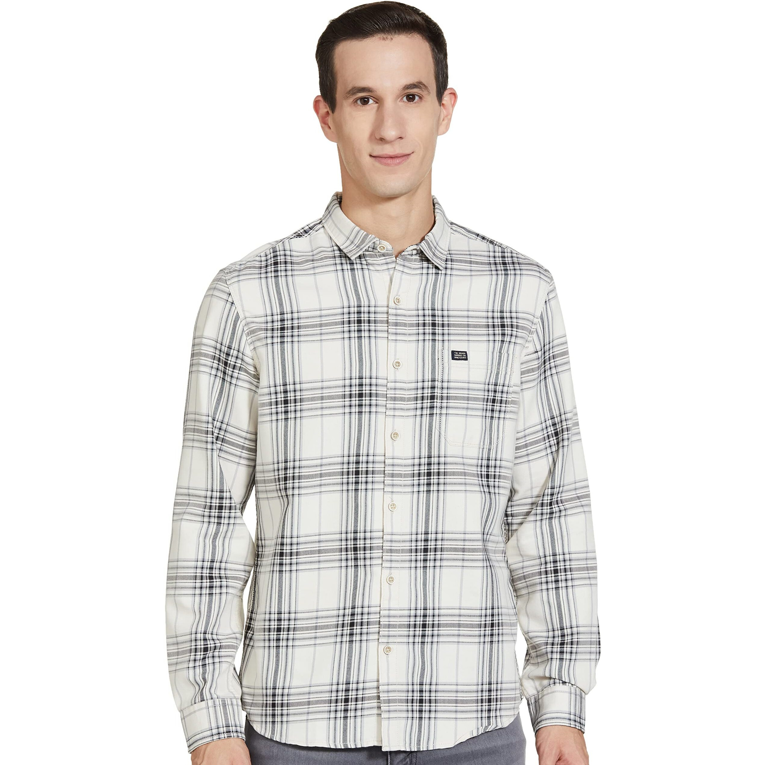 The Indian Garage Co Men's Checkered Slim Fit Shirt (1221-SH151-01_Cream XL)