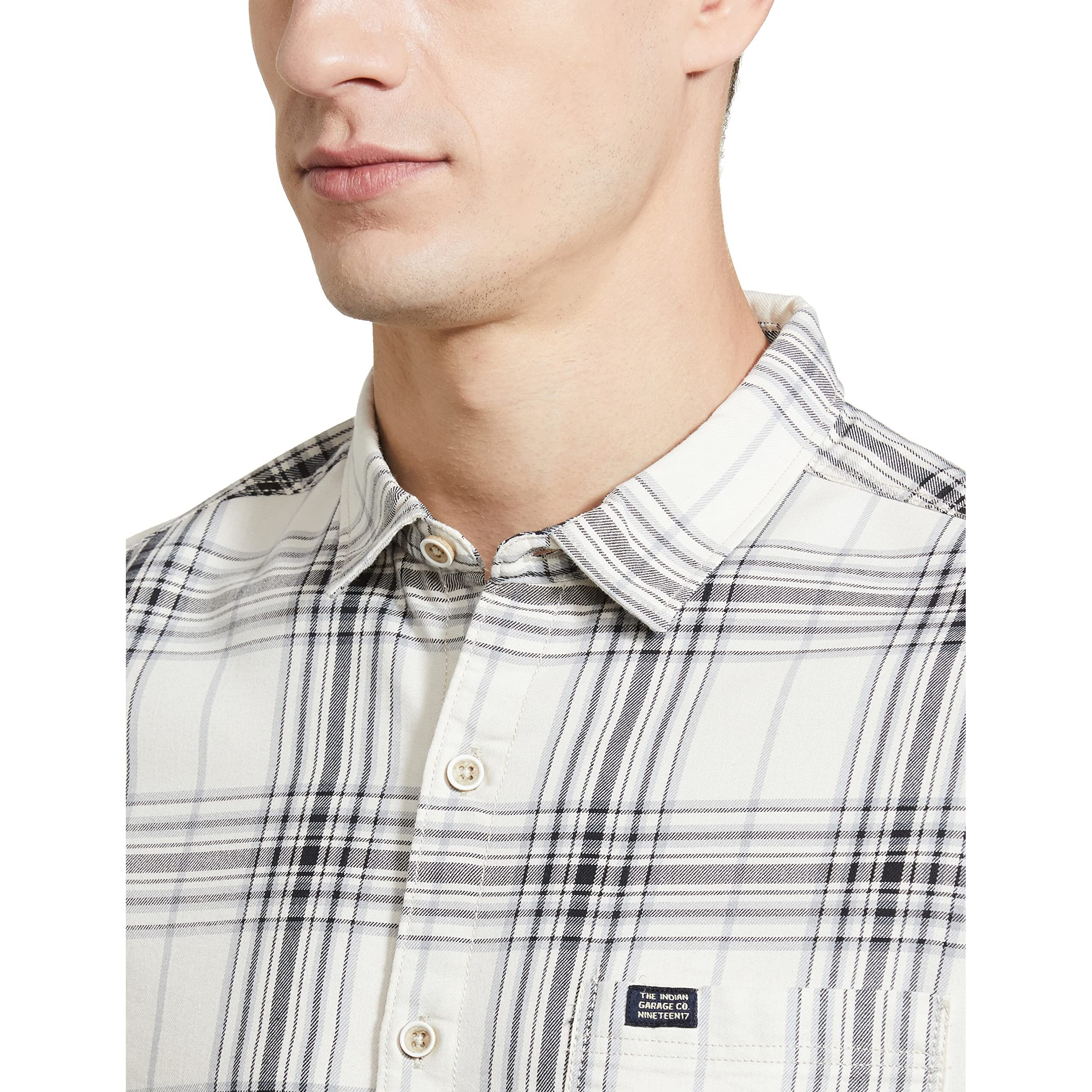 The Indian Garage Co Men's Checkered Slim Fit Shirt (1221-SH151-01_Cream XL)