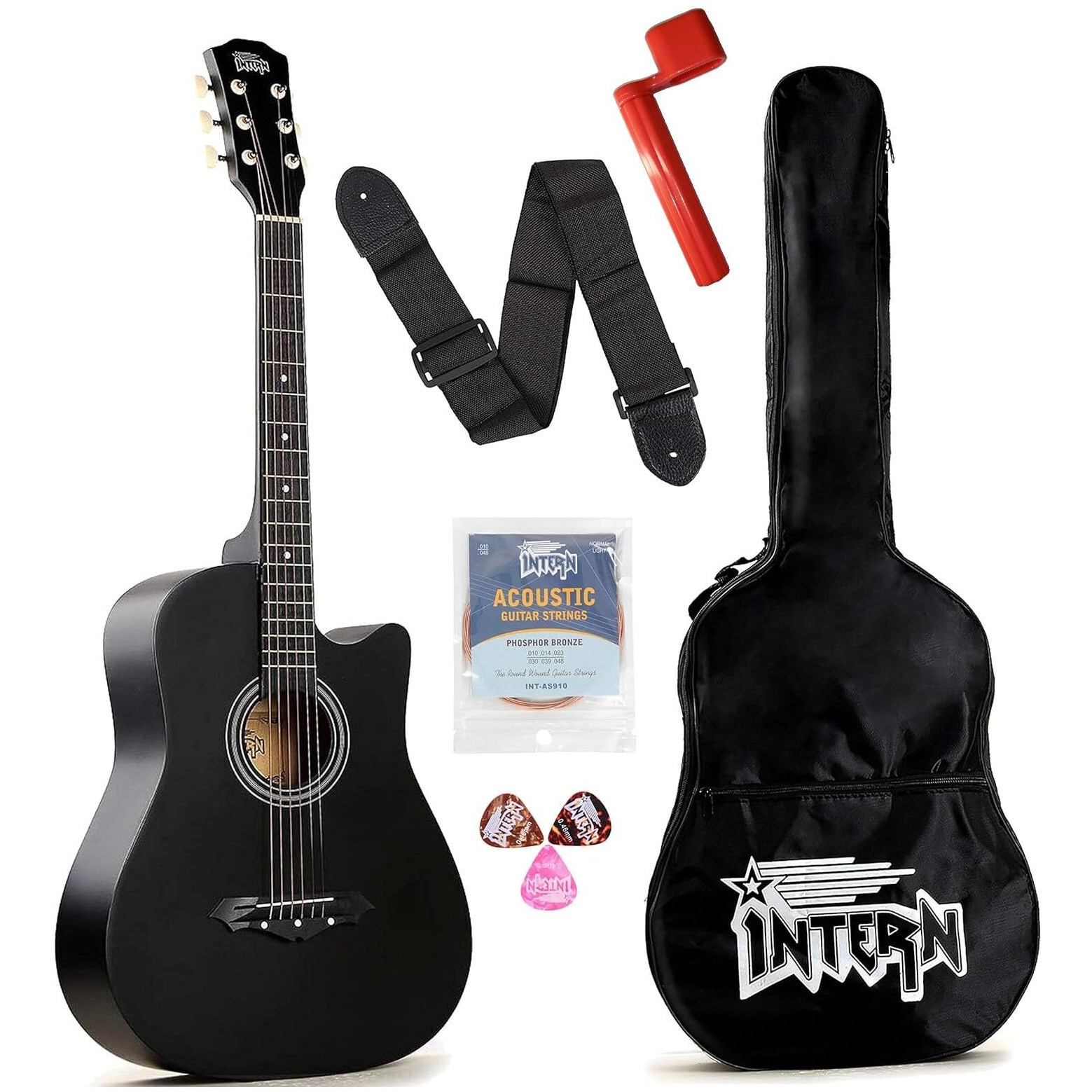 Intern INT-38C Right hand Acoustic Guitar Kit, With Bag, Strings, Pick And Strap, Black, small