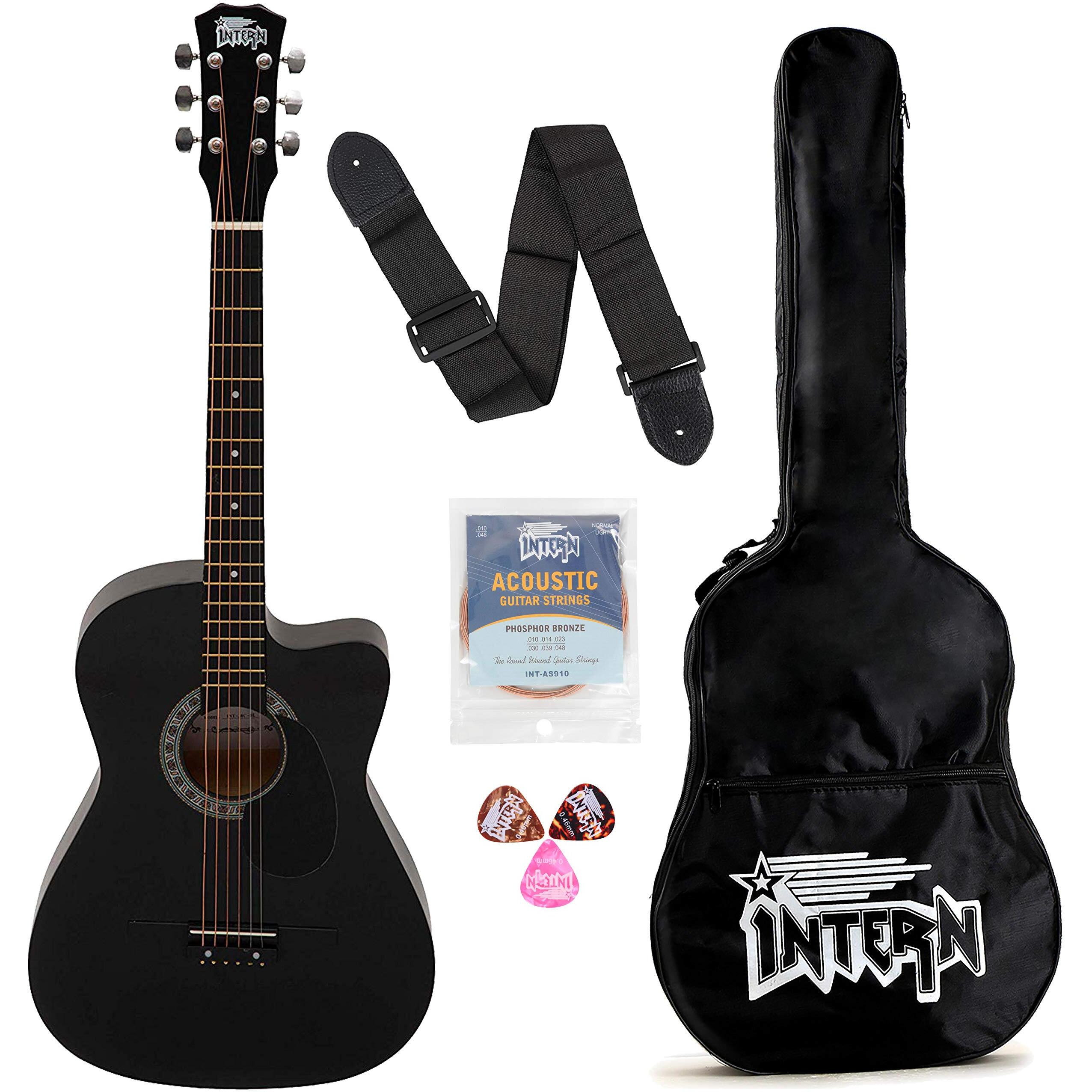 Intern INT-38C-BK-G Cutaway Right Handed Acoustic Guitar Kit, with Bag, Nickel Strings, Pick And Strap (Black) -6 Strings