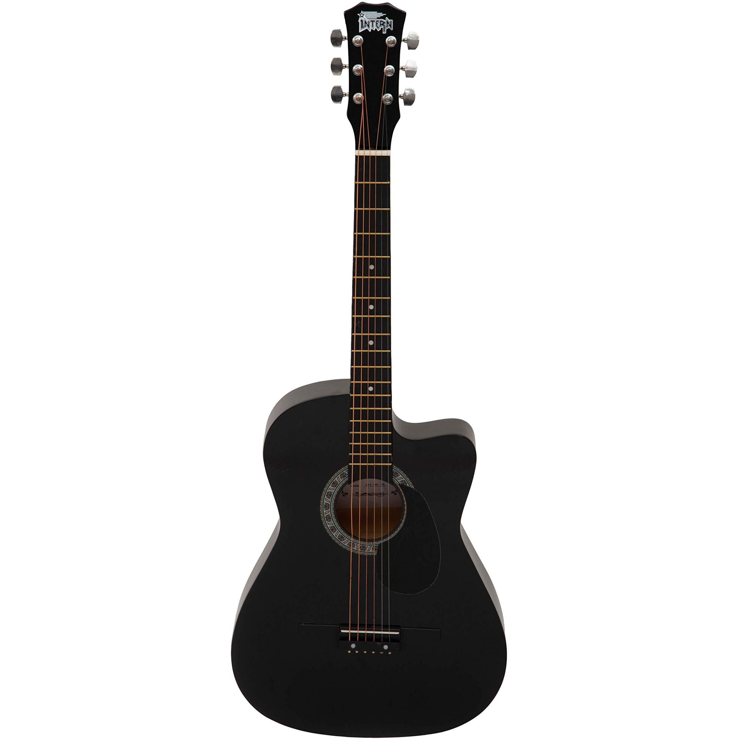 Intern INT-38C-BK-G Cutaway Right Handed Acoustic Guitar Kit, with Bag, Nickel Strings, Pick And Strap (Black) -6 Strings