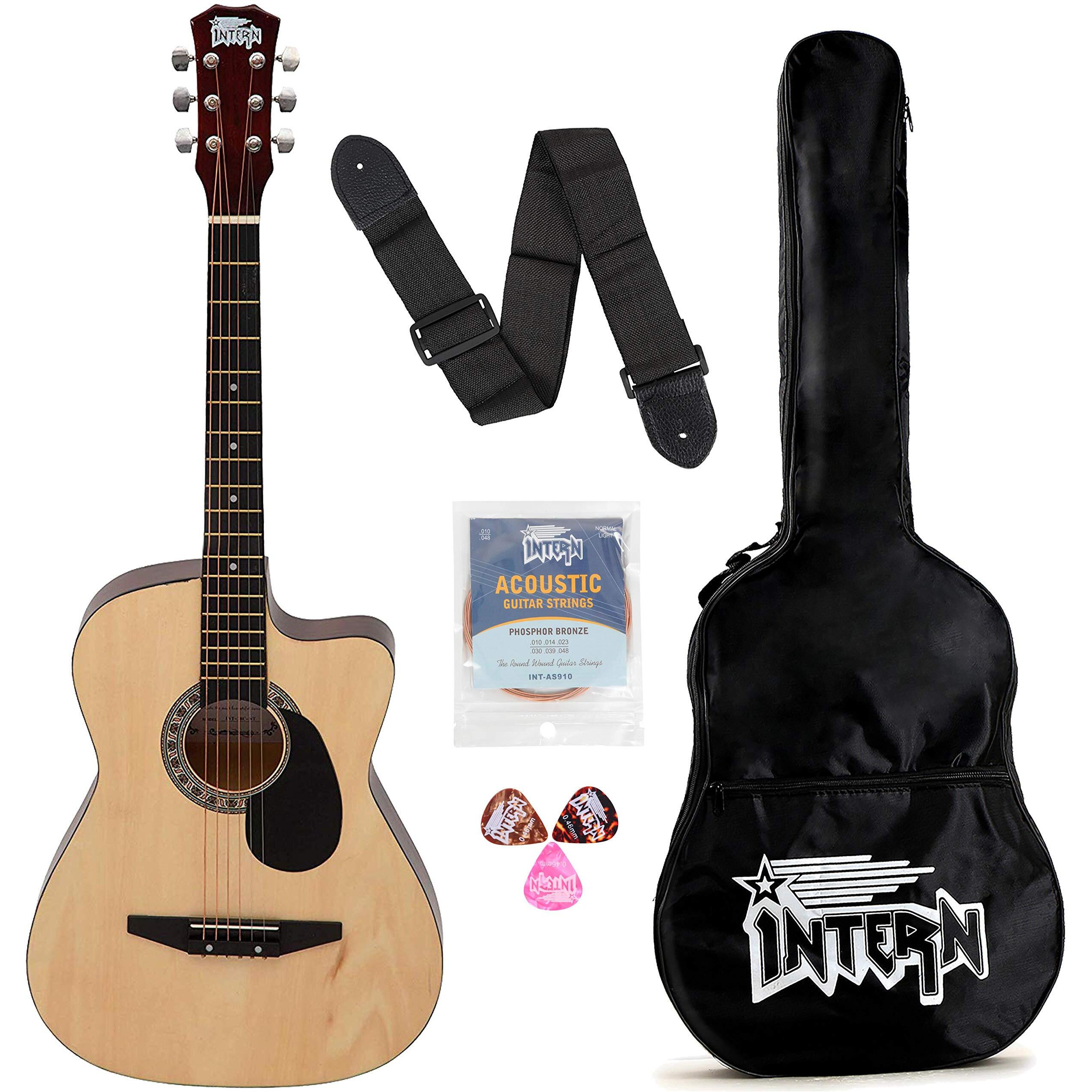 Intern INT-38C-NT-G 38 Incheses lindenwood Right HAnded Acoustic Guitar Kit With Bag, Strings, Pick And Strap (Natural, 6-Strings)