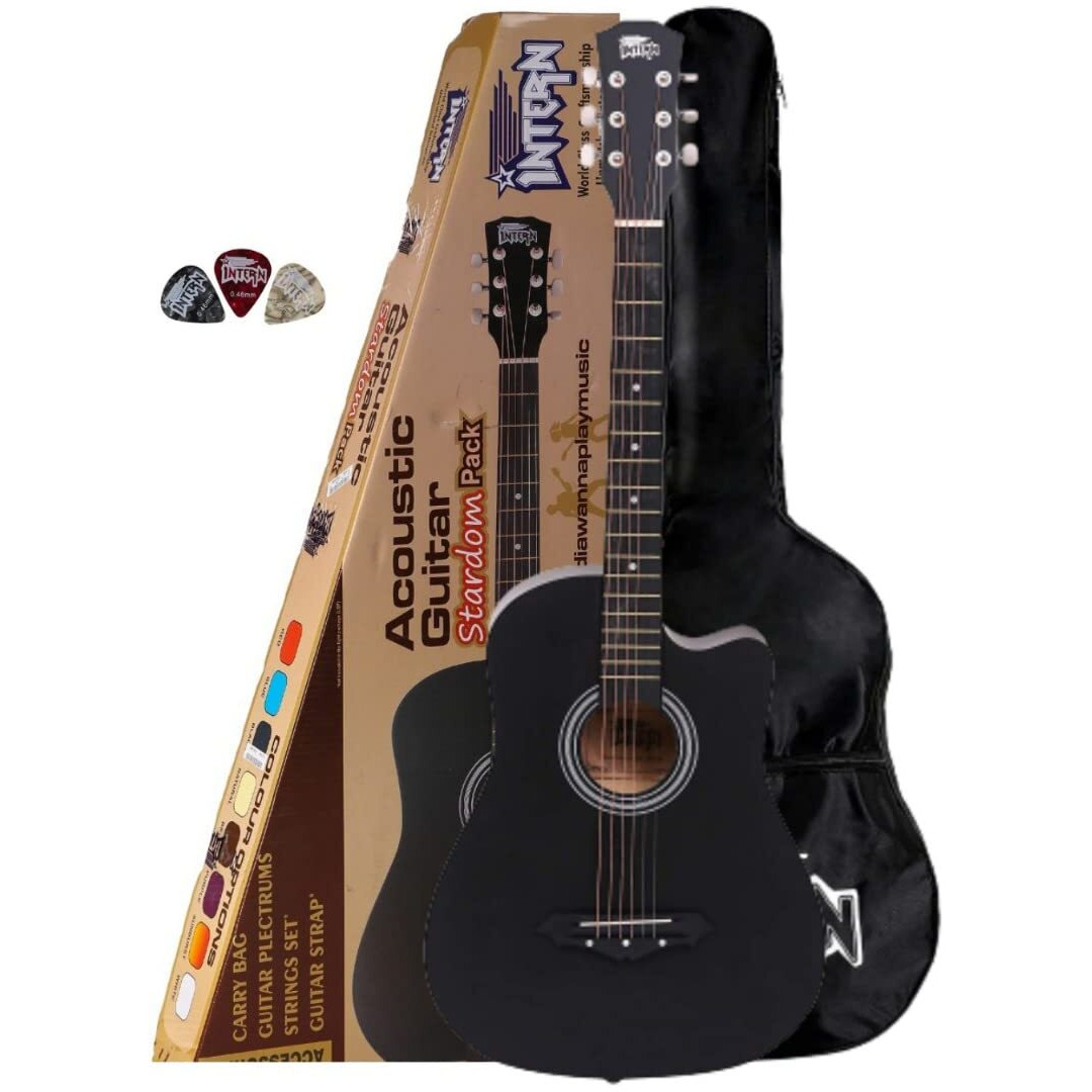 Intern 38C Ebony Wood Cutaway Design Acoustic Guitar with Picks And Carry Bag (Black)