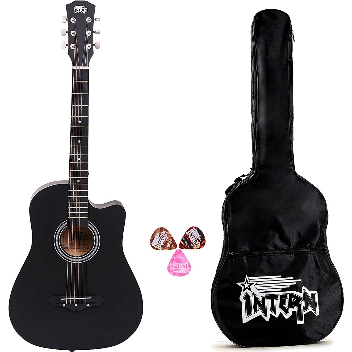 Intern 38C Ebony Wood Cutaway Design Acoustic Guitar with Picks And Carry Bag (Black)