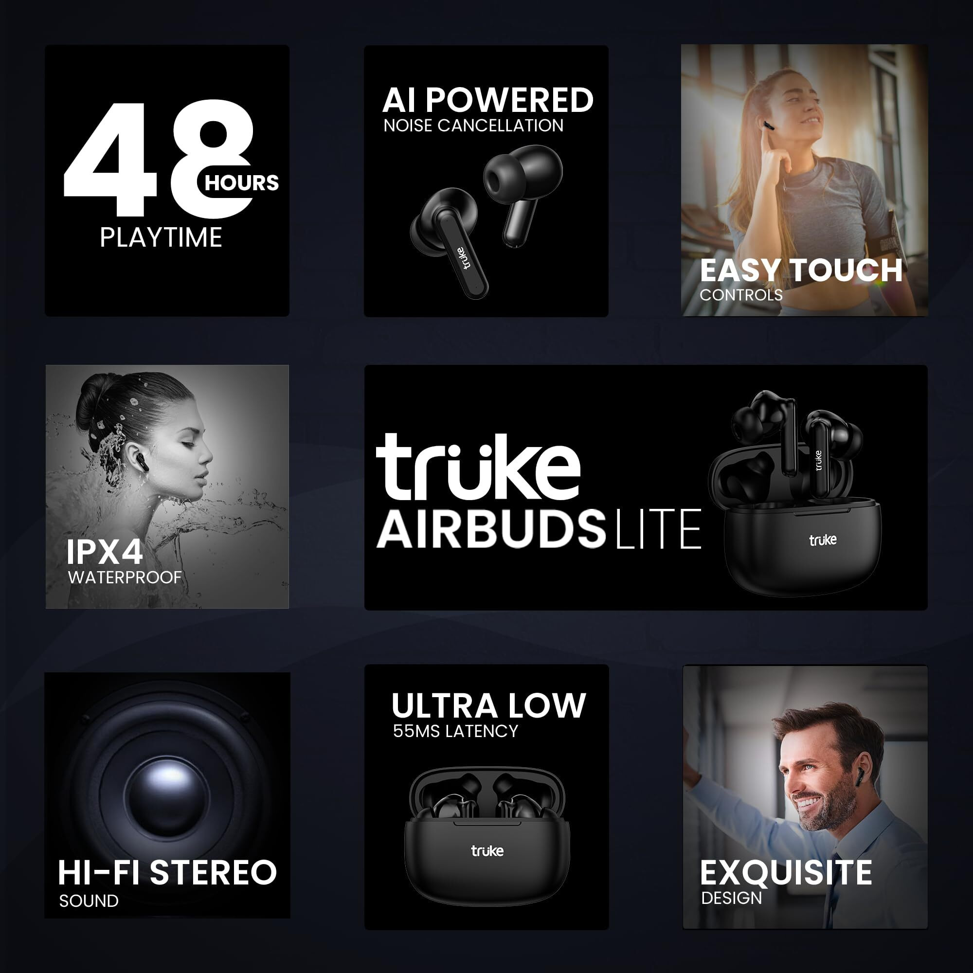 truke Air Buds Lite True Wireless in Ear Earbuds with 10H Single Charge Playtime, Gaming Mode, ENC, AAC Codec, Bluetooth 5.1, IPX4 (Black)