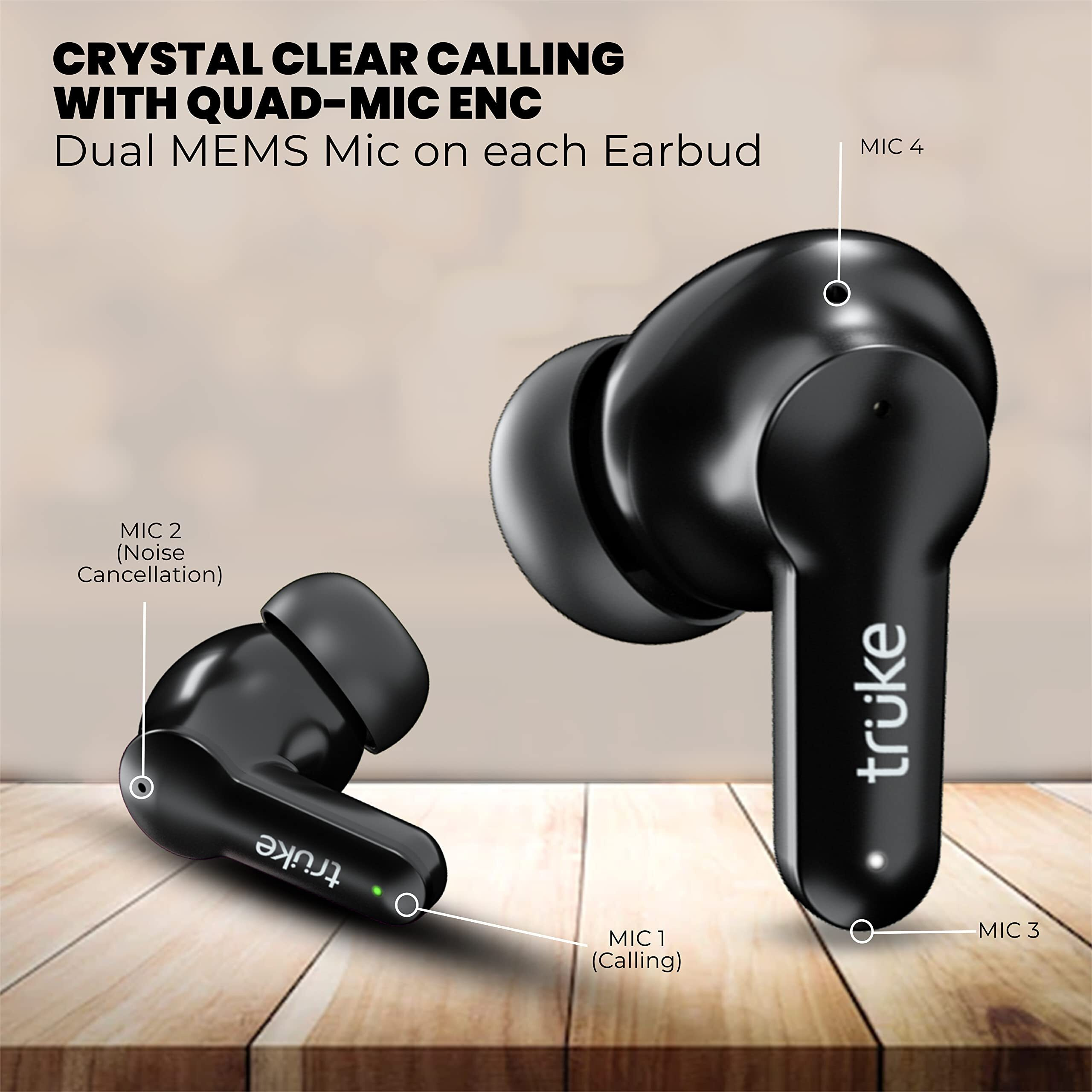 truke Buds S2 Lite True Wireless Made in India Earbuds with MEMS Quad-Mic ENC, 48H Playtime, 10mm Real Titanium Speaker, Gaming Mode, Type-C Fast Charge, AAC Codec, BT 5.1, IPX4 (Black)