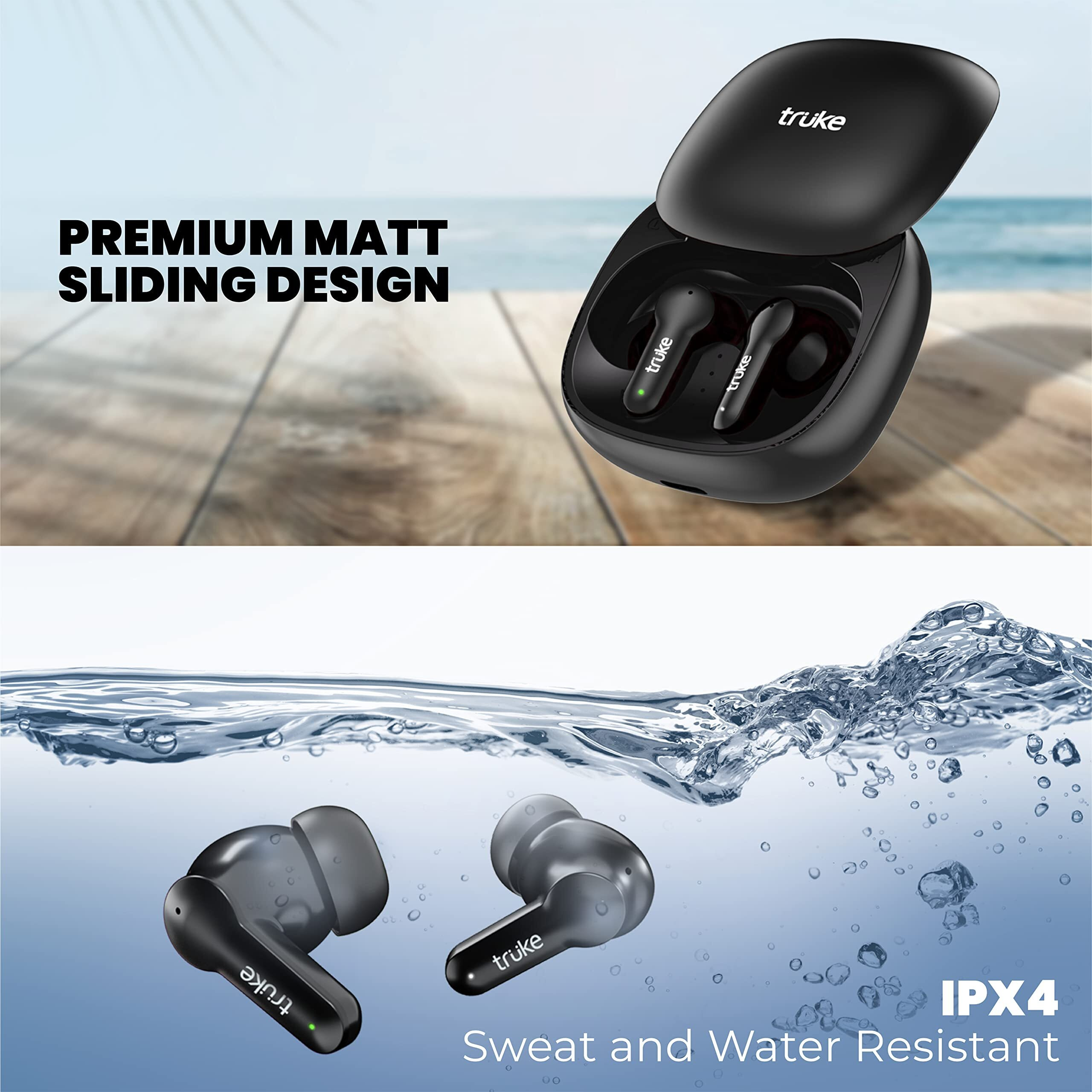 truke Buds S2 Lite True Wireless Made in India Earbuds with MEMS Quad-Mic ENC, 48H Playtime, 10mm Real Titanium Speaker, Gaming Mode, Type-C Fast Charge, AAC Codec, BT 5.1, IPX4 (Black)