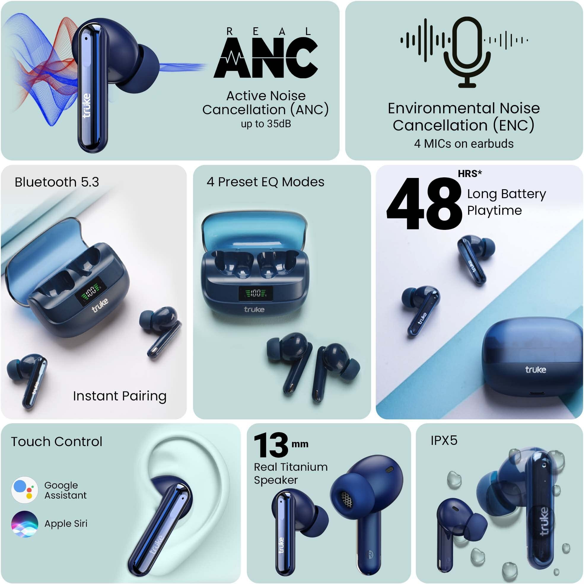 truke Newly Launched Buds Vibe True Wireless in Ear Earbuds with 35dB Real ANC + Quad Mic ENC, 13mm Big Speaker, 4 EQ Modes, 48H Playtime, Fast Charge, 40ms Low Latency, AAC Codec, BT 5.3, IPX5(Blue)