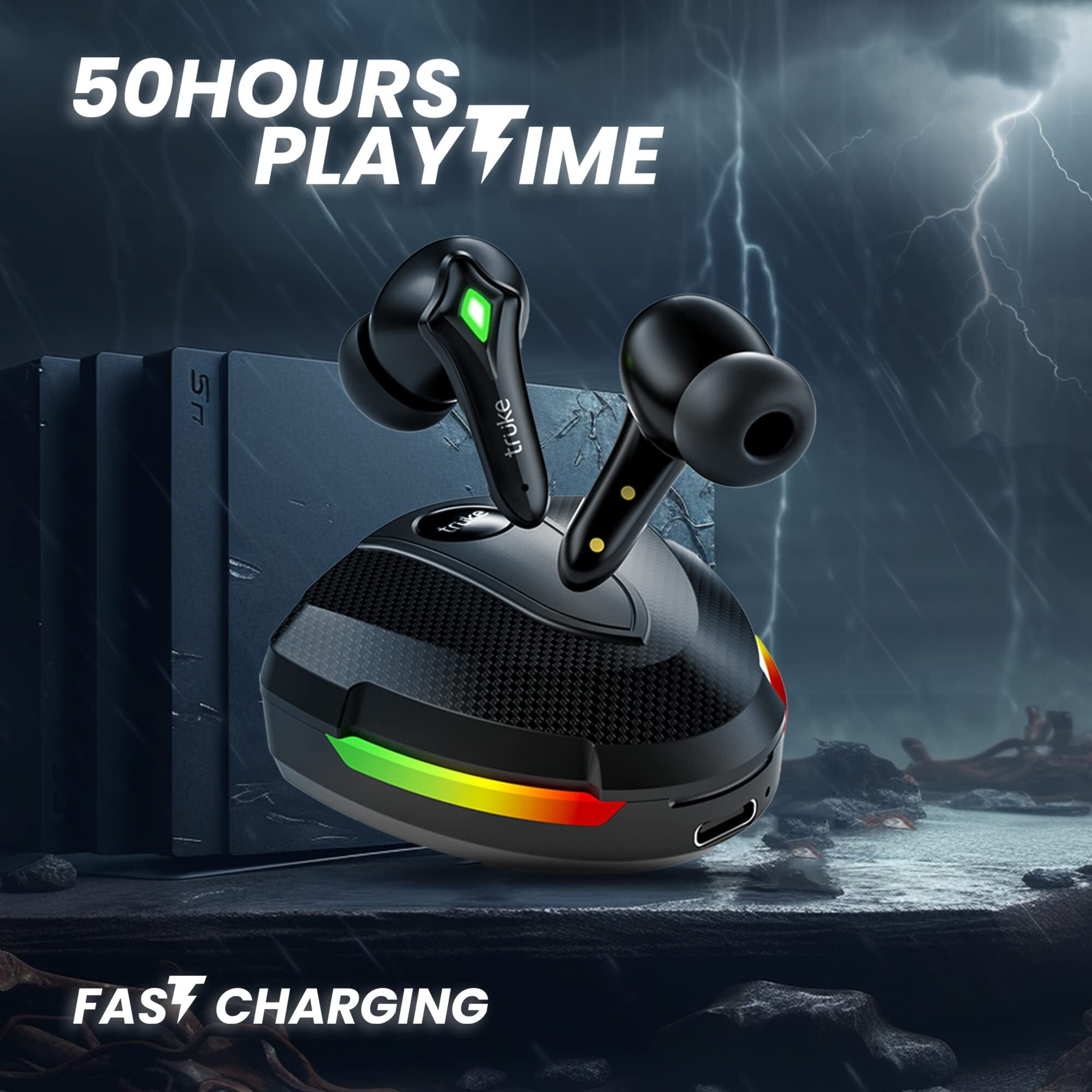truke Newly Launched BTG Storm Gaming Earbuds with 40ms Ultra-Low Latency, 13mm Titanium Drivers, ENC, 50H Playtime, Fast Charge, BT 5.3, IPX5 (Black)