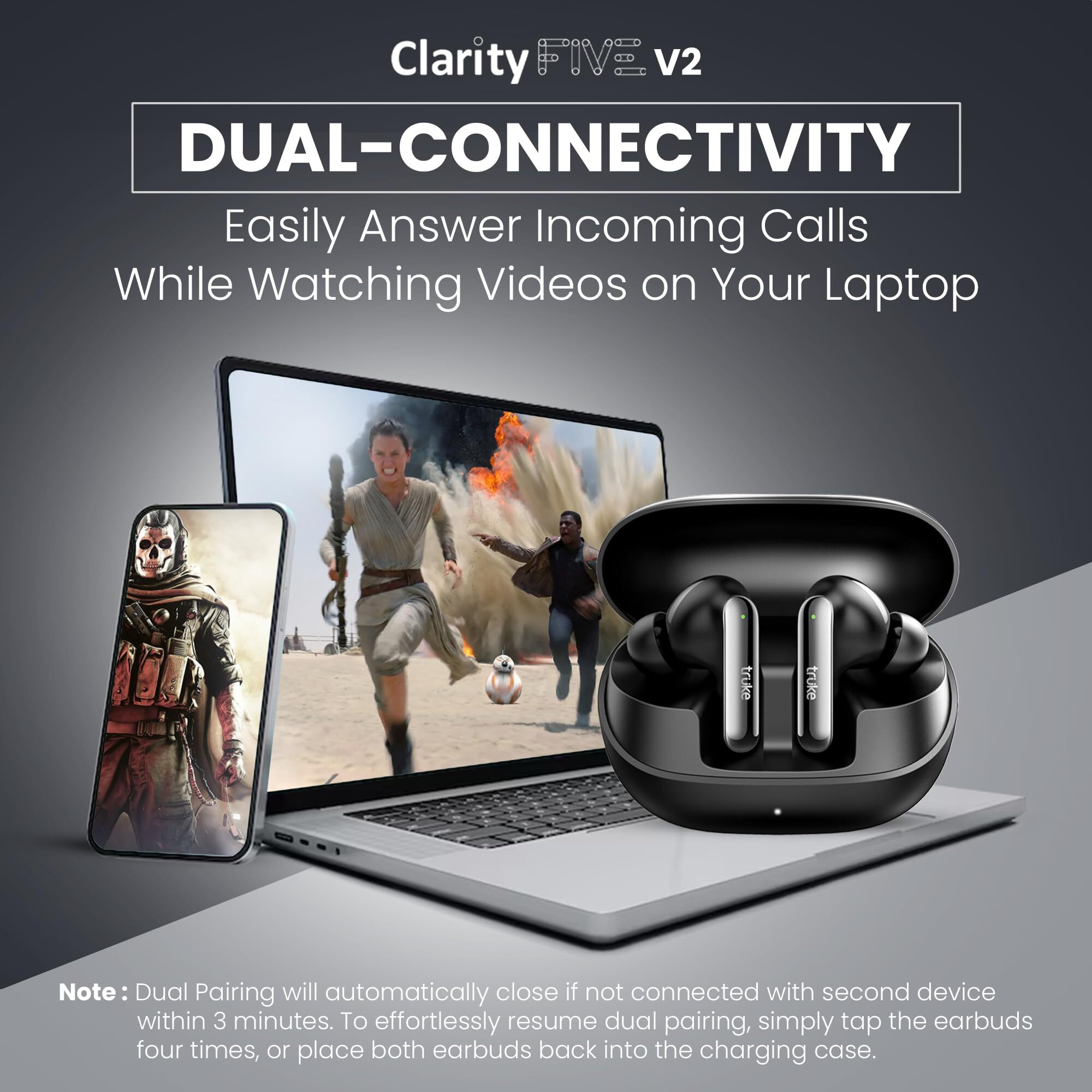 truke Just Launched Buds Clarity 5 v2 True Wireless in Ear Earbuds, 6Mic Adv. ENC, Dual Pairing, 80H Playtime, 35ms Ultra-Low Latency, 13mm Titanium Drivers, 3 EQ Modes, Fast Charge [Metal Black]