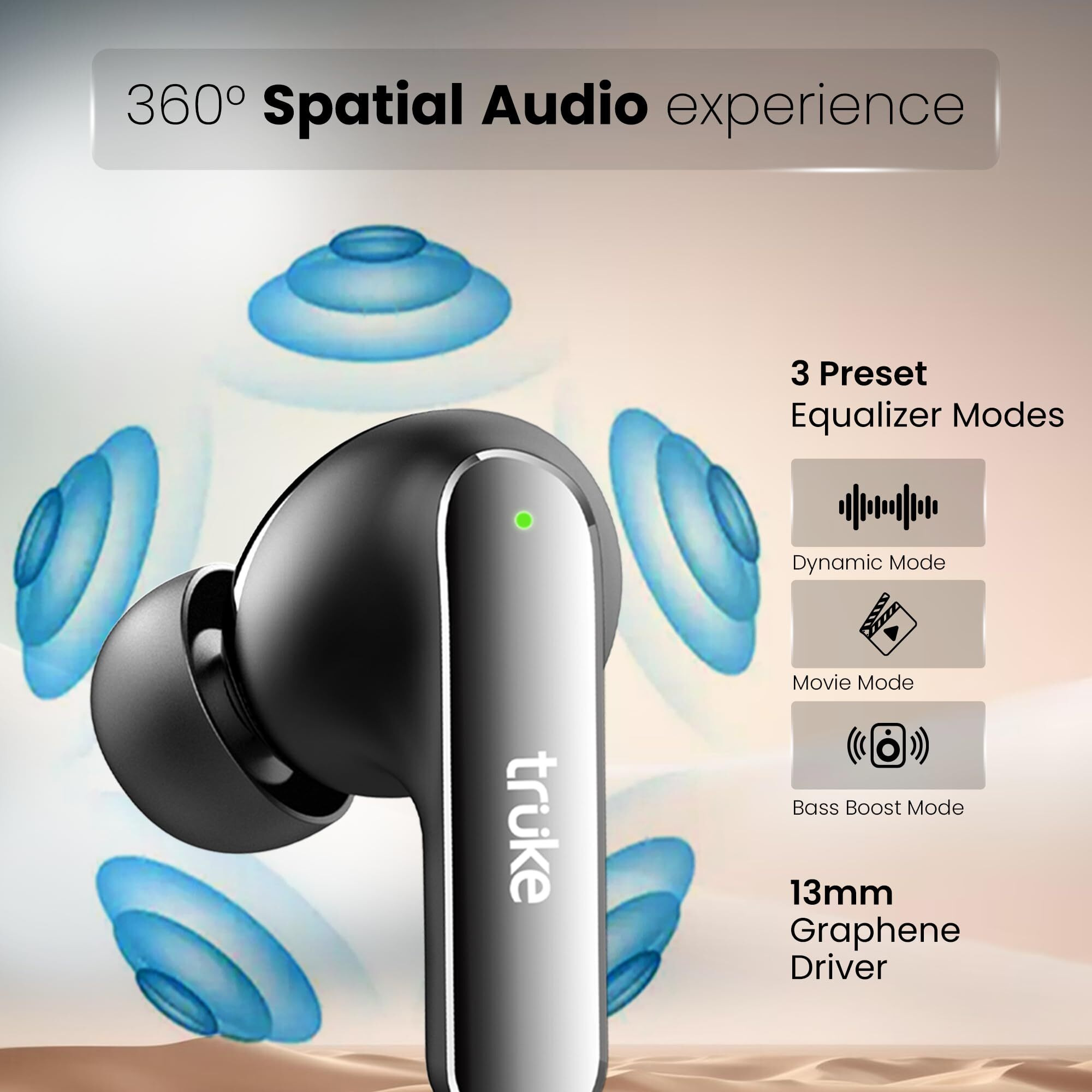 truke Buds F1 Ultra True Wireless in Ear Earbuds Spatial Audio Experience, 60H Playtime Ear Buds, Quad Mics Crystal-Clear Calls, Fast Charging, Bluetooth 5.3, Noise Cancellation, Gaming Mode (Black)