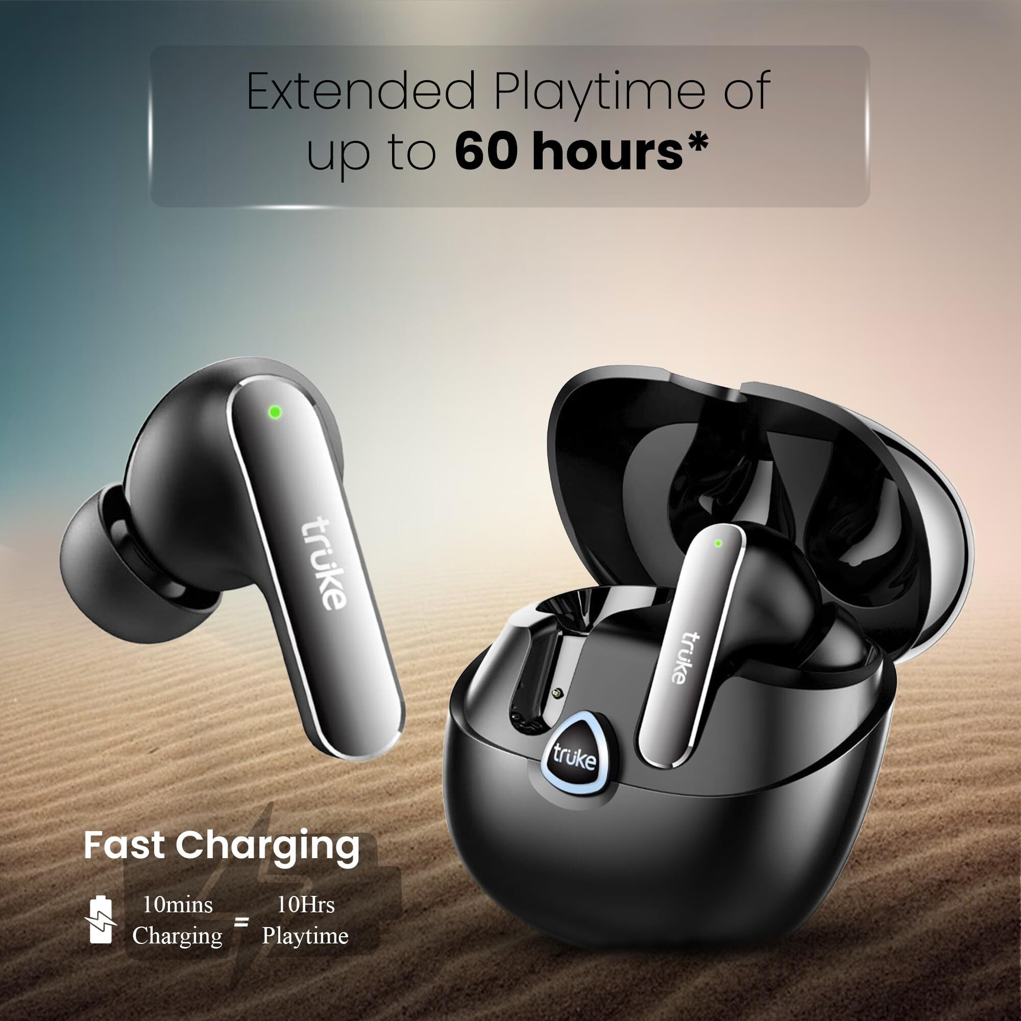 truke Buds F1 Ultra True Wireless in Ear Earbuds Spatial Audio Experience, 60H Playtime Ear Buds, Quad Mics Crystal-Clear Calls, Fast Charging, Bluetooth 5.3, Noise Cancellation, Gaming Mode (Black)