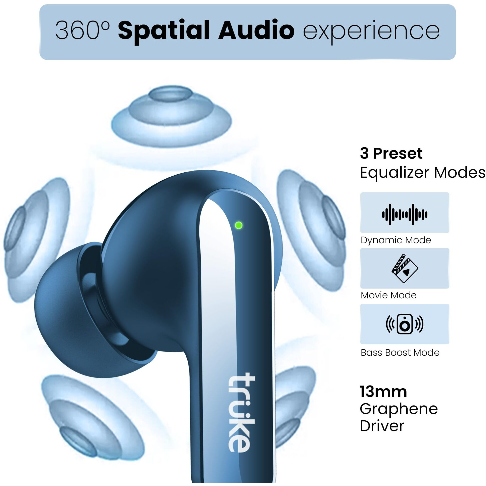 truke Buds F1 Ultra True Wireless in Ear Earbuds Spatial Audio Experience, 60H Playtime Ear Buds, Quad Mics Crystal-Clear Calls, Fast Charging, Bluetooth 5.3, Noise Cancellation, Gaming Mode (Blue)