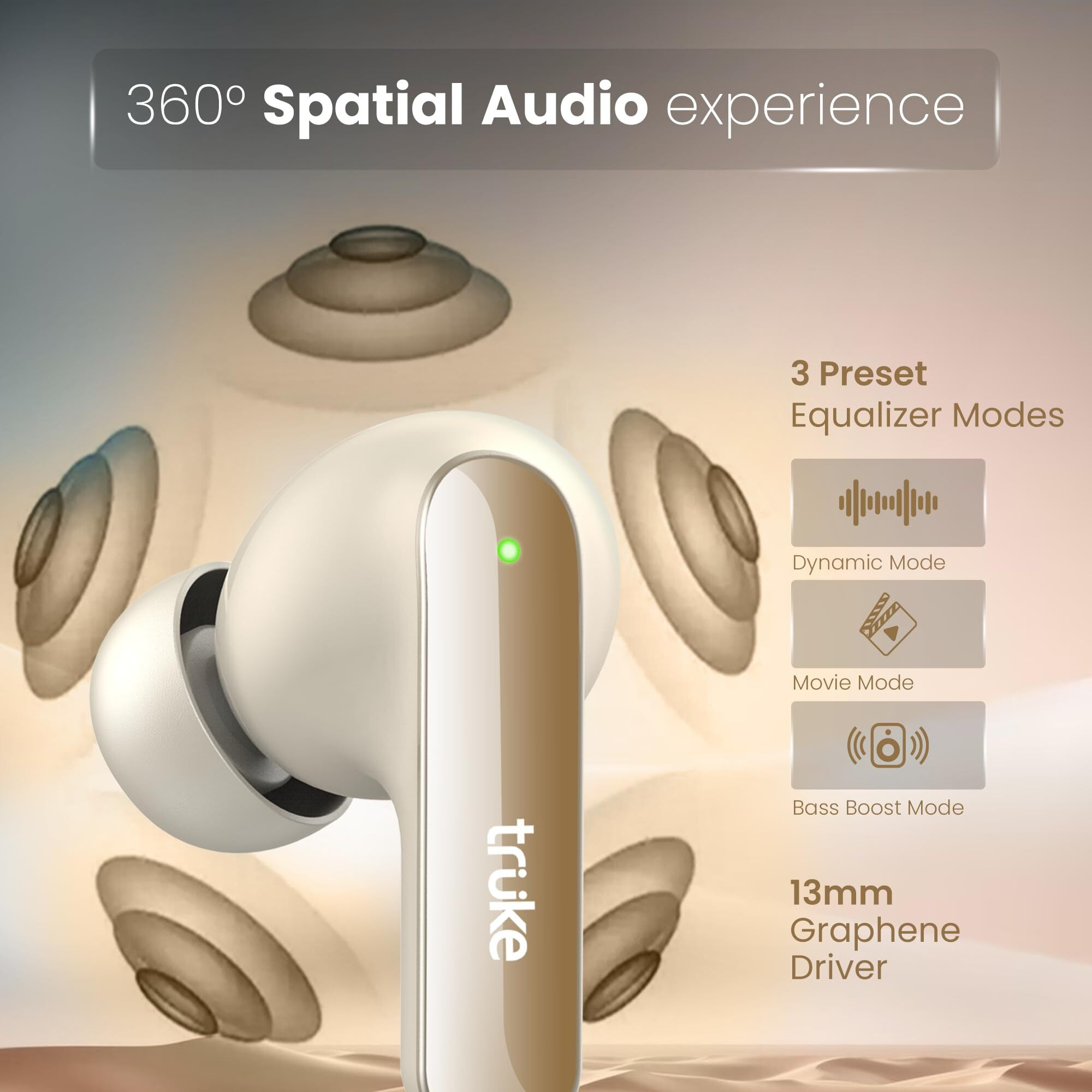 truke Buds F1 Ultra True Wireless in Ear Earbuds Spatial Audio Experience, 60H Playtime Ear Buds, Quad Mics Crystal-Clear Calls, Fast Charging, Bluetooth 5.3, Noise Cancellation, Gaming Mode (Gold)