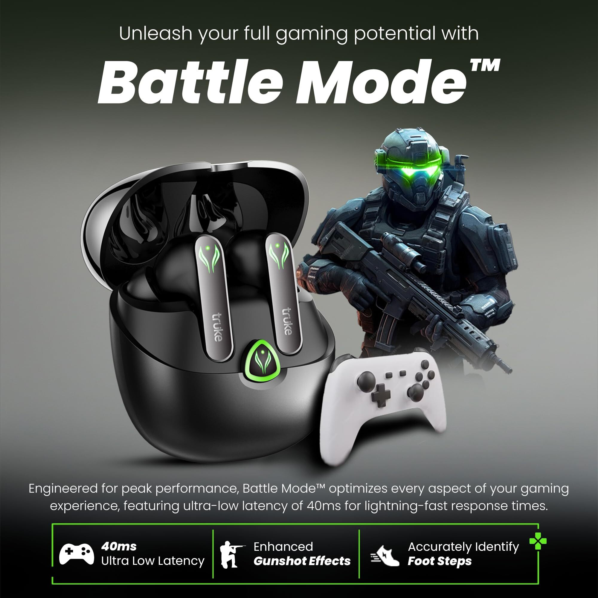 truke New Launch BTG Ultra True Wireless in Ear Earbuds, 40ms Ultra Low Latency Battle Mode Gaming Ear Buds, 60H Playtime, Quad Mics Crystal-Clear Calls, Fast Charging, BT 5.4, Noise Cancellation
