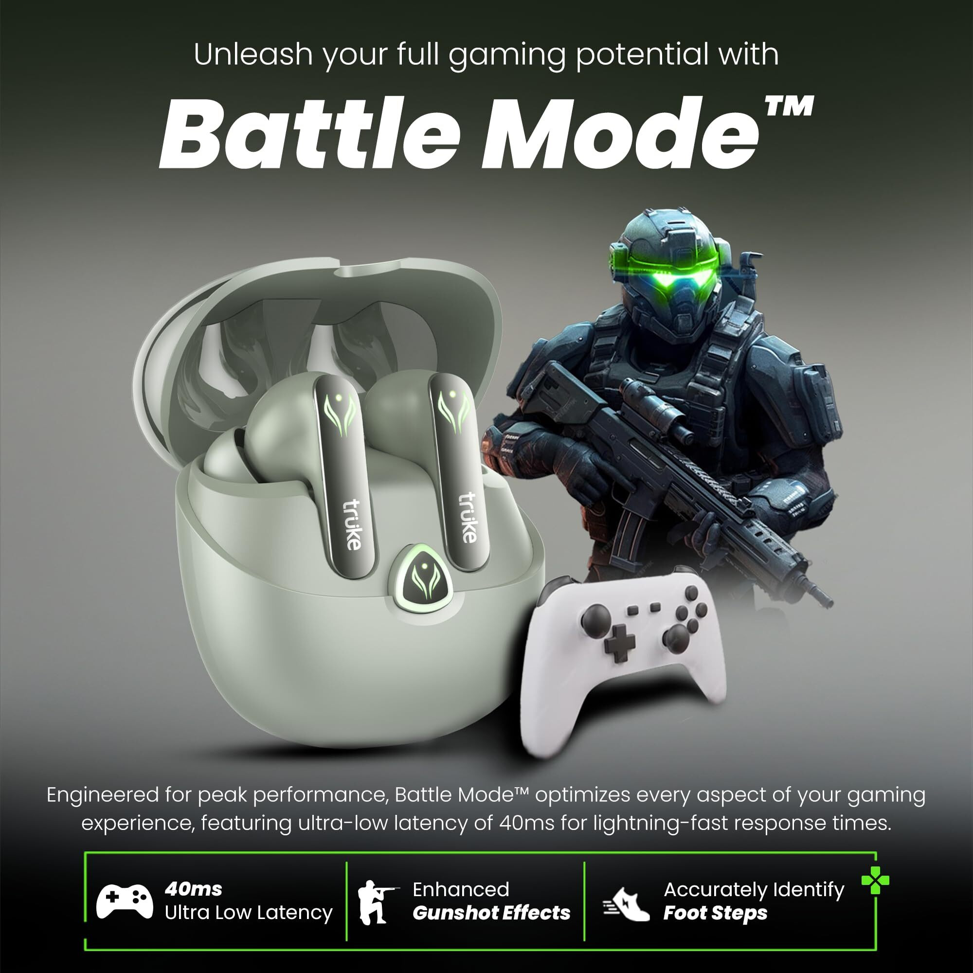 truke New Launch BTG Ultra True Wireless in Ear Earbuds, 40ms Ultra Low Latency Battle Mode Gaming Ear Buds, 60H Playtime, Quad Mics Crystal-Clear Calls, Fast Charging, BT 5.4, Noise Cancellation