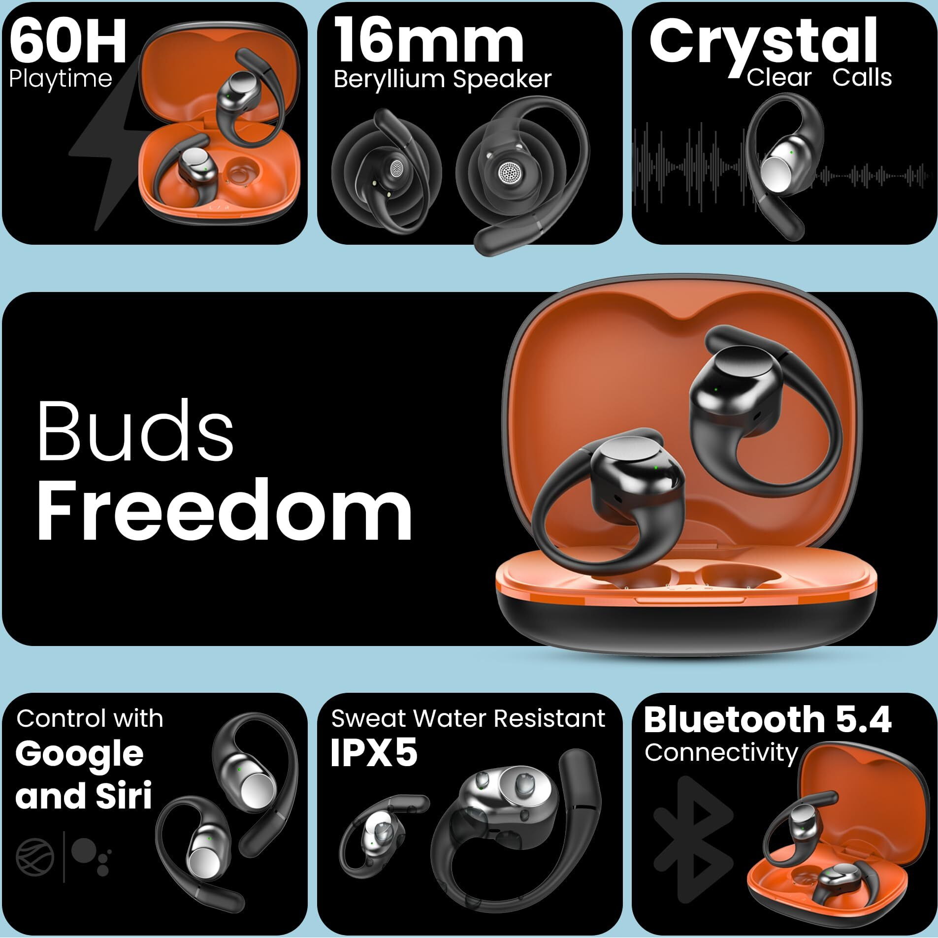 truke Newly Launched Buds Freedom Open Ear Wireless Earbuds with PureVoice Technology, 16mm Beryllium Speaker, 60H Playtime, Quad Mic for Crystal-Clear Calls, Fast Charging, BT 5.4 (Sunset Black)