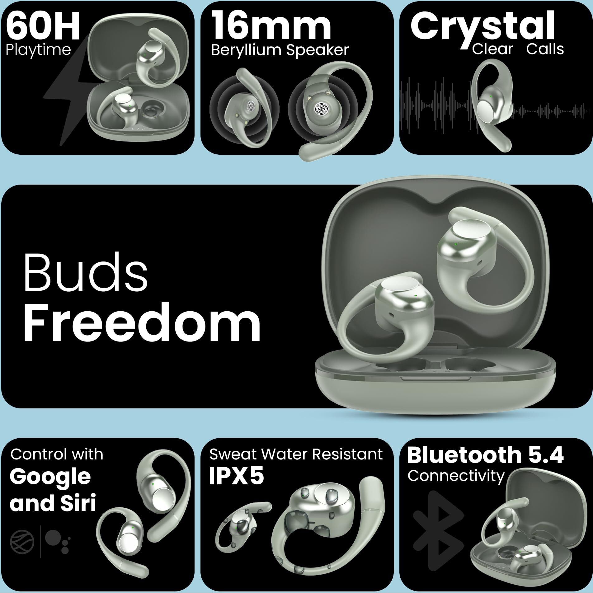 truke Newly Launched Buds Freedom Open Ear Wireless Earbuds with PureVoice Technology, 16mm Beryllium Speaker, 60H Playtime, Quad Mic for Crystal-Clear Calls, Fast Charging, BT 5.4 (Mint Green)