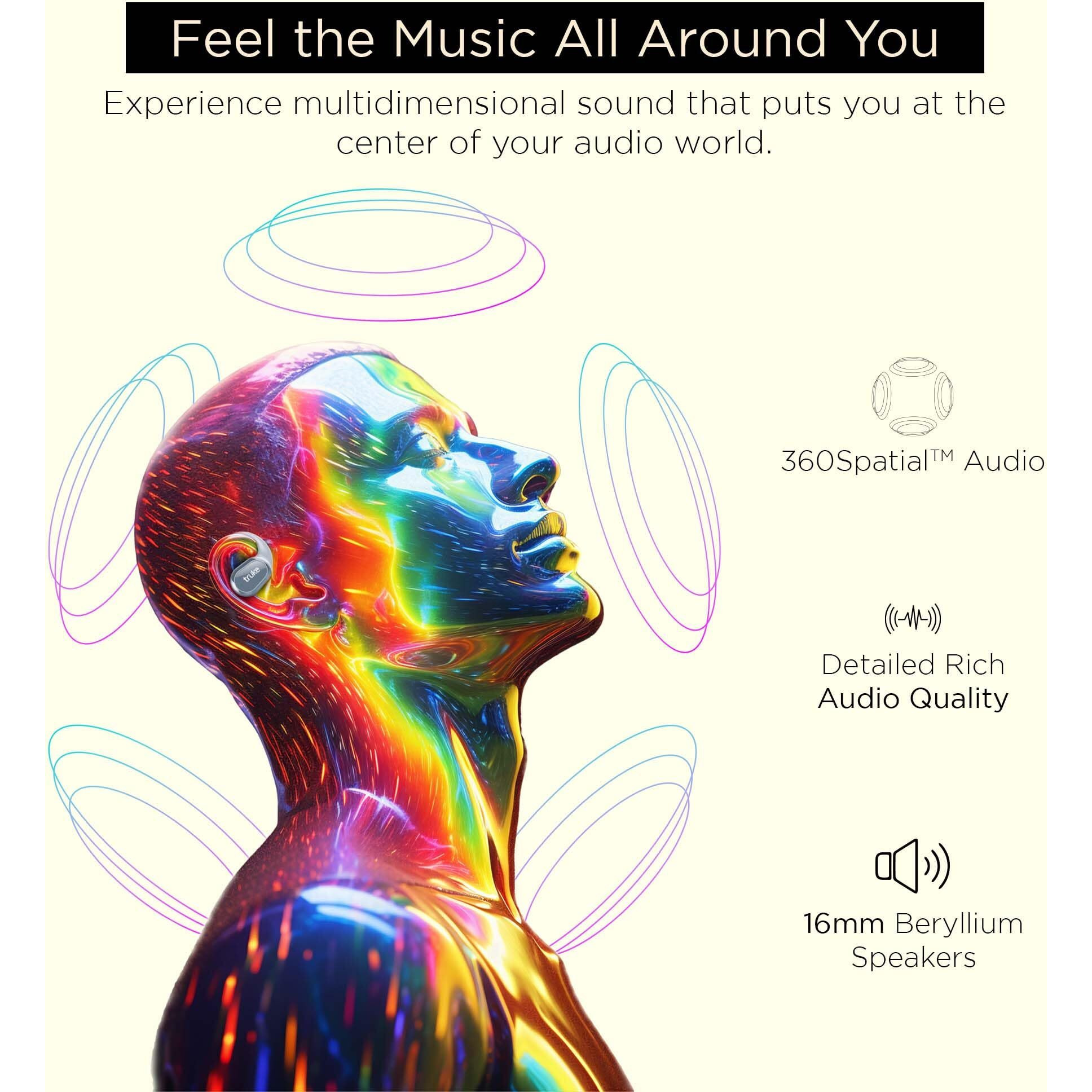 Truke Newly Launched Buds Liberty Open Ear Wireless Earbuds with 360Spatial Audio Experience, 16mm Beryllium Speaker, 60H Playtime, Quad Mic for Crystal-Clear Calls, Fast Charging, BT5.4 (Slate Blue)