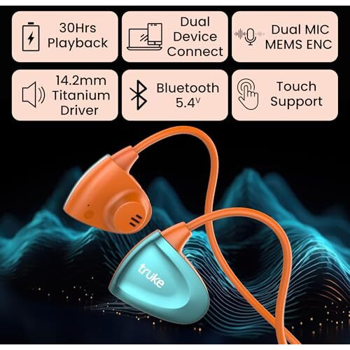 truke Newly Launched Yoga Beat Open Ear Neckband with 360-degree Titanium Alloy Flex Comfort, 14.2mm Drivers, 30H Playtime, Dual Mic for Crystal-Clear Calls, Fast Charging, BT 5.4 (Pulse Orange)