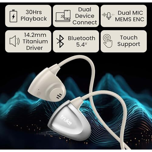 truke Newly Launched Yoga Beat Open Ear Neckband with 360-degree Titanium Alloy Flex Comfort, 14.2mm Drivers, 30H Playtime, Dual Mic for Crystal-Clear Calls, Fast Charging, BT 5.4 (Beige Gold)