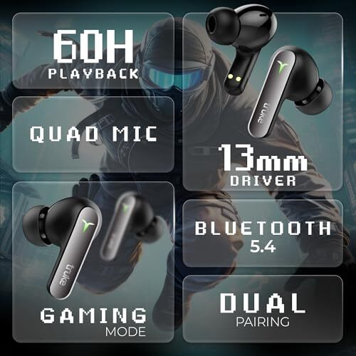truke New Launch BTG Flex True Wireless in Ear Earbuds, Dual Pairing Ear Buds, 40ms Low Latency Gaming Mode, 60H Playtime Fast Charging, HiFi DSP Sound, Quad-Mic ENC, 13mm Driver,Bluetooth 5.4(Black)