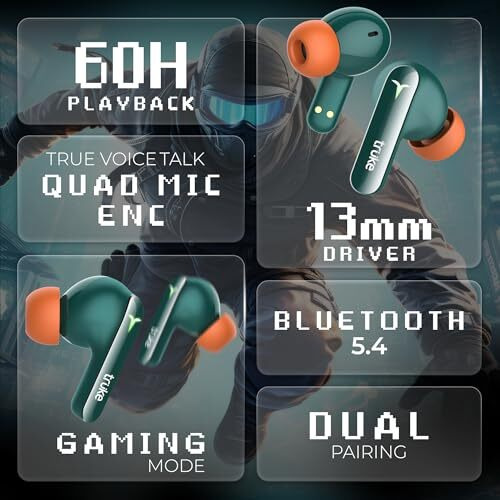 truke New Launch BTG Flex True Wireless in Ear Earbuds, Dual Pairing Ear Buds, 40ms Low Latency Gaming Mode, 60H Playtime Fast Charging, HiFi DSP Sound, Quad-Mic ENC, 13mm Driver,Bluetooth 5.4(Green)