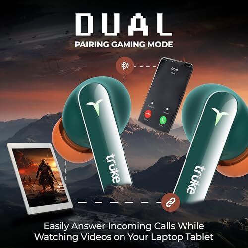 truke New Launch BTG Flex True Wireless in Ear Earbuds, Dual Pairing Ear Buds, 40ms Low Latency Gaming Mode, 60H Playtime Fast Charging, HiFi DSP Sound, Quad-Mic ENC, 13mm Driver,Bluetooth 5.4(Green)