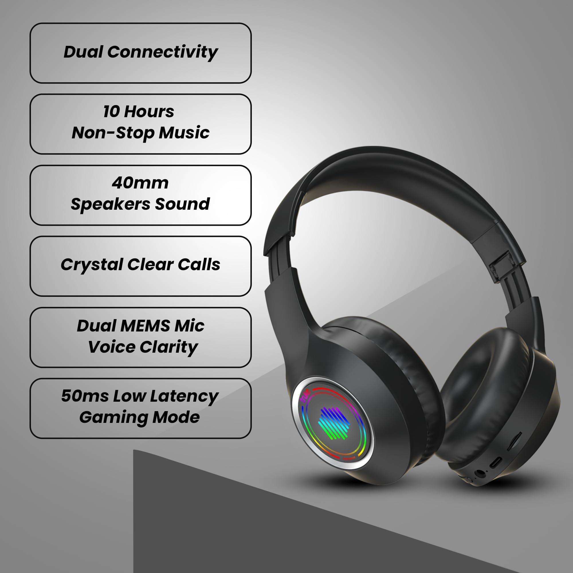 truke Newly Launched BTG 500 Over The Ear Gaming Headphone with 40mm Drivers, 10H of Playtime, Dual Pairing, Gaming Mode (50ms Latency) with RGB LEDs, TF Card with Volume Control, BT 5.4(Metal Black)