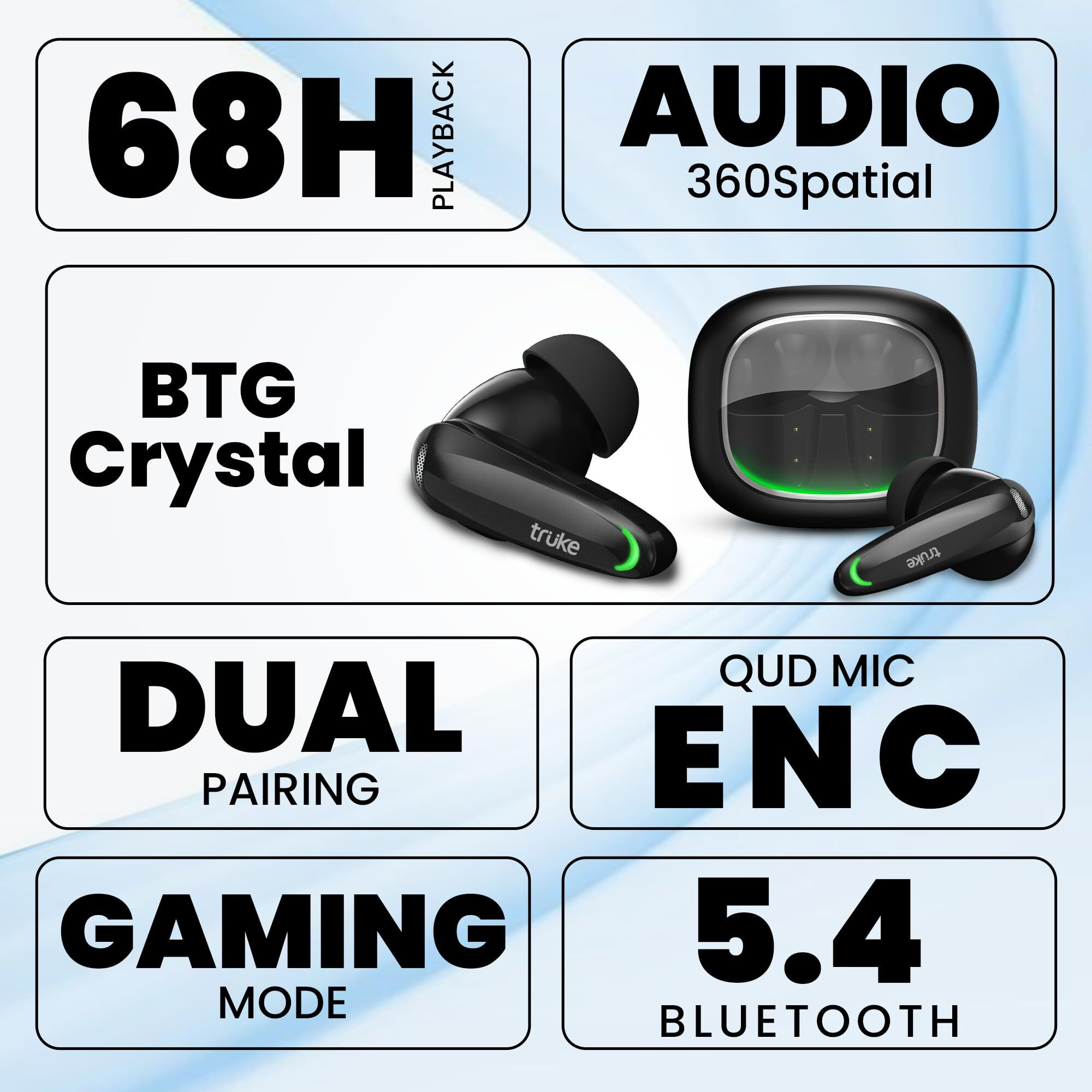 truke New Launch BTG Crystal True Wireless in Ear Buds with Dual Pairing, Spatial Audio Earbuds, 40ms Low Latency, 68H Playtime Fast Charge, HiFi DSP Sound, 4Mics ENC 13mm Driver, Bluetooth 5.4-Black