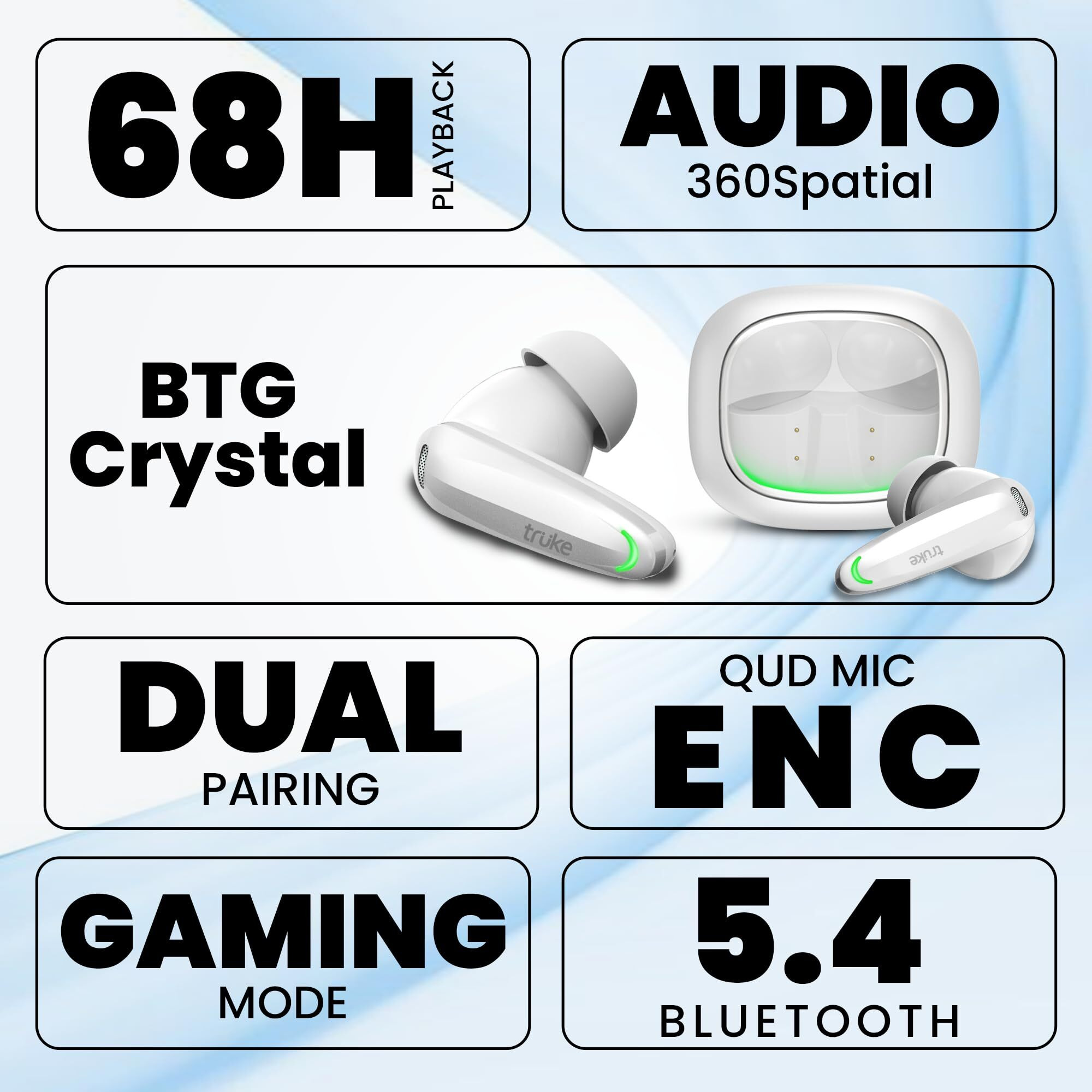 truke New Launch BTG Crystal True Wireless in Ear Buds with Dual Pairing, Spatial Audio Earbuds, 40ms Low Latency, 68H Playtime Fast Charge, HiFi DSP Sound, 4Mics ENC 13mm Driver, Bluetooth 5.4-White
