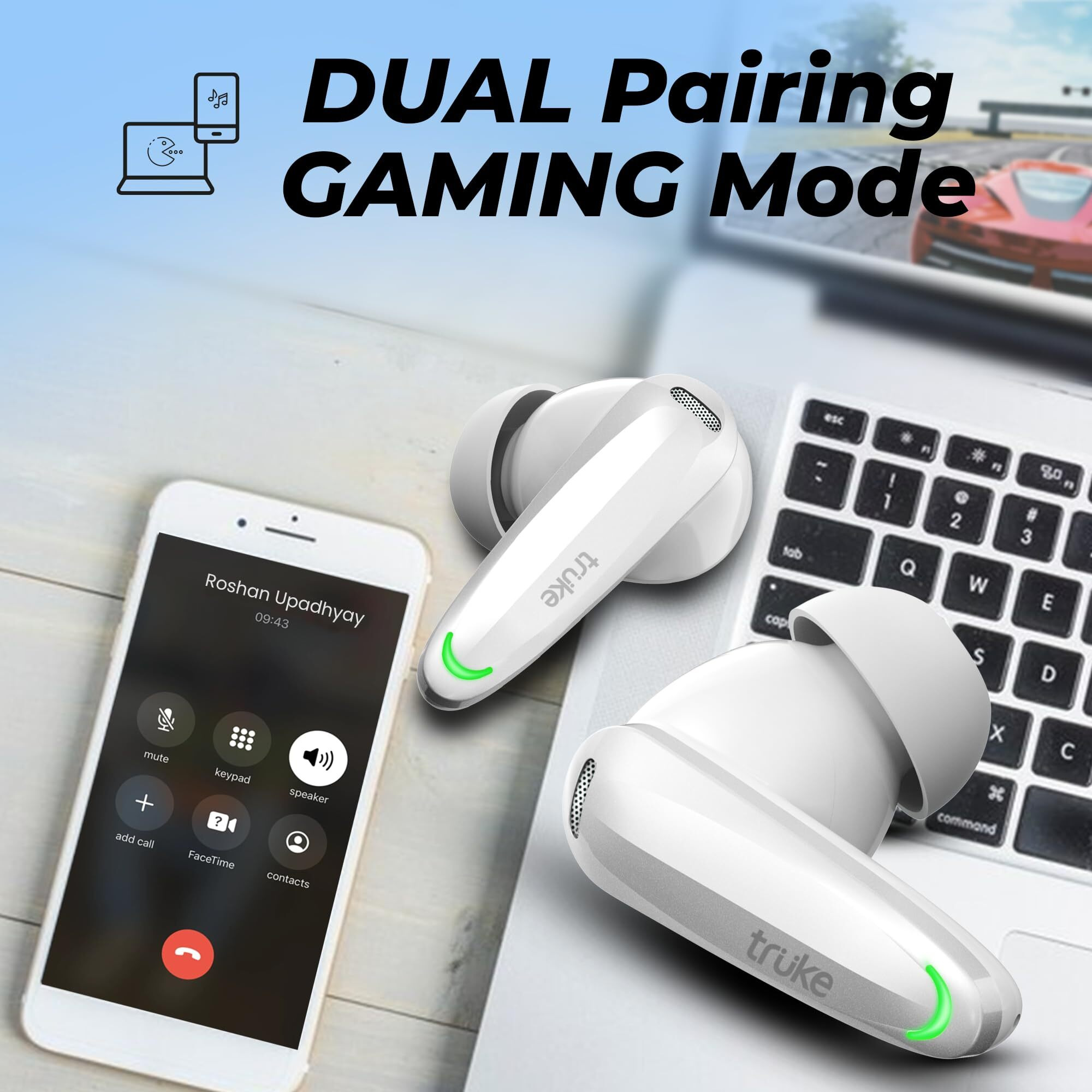 truke New Launch BTG Crystal True Wireless in Ear Buds with Dual Pairing, Spatial Audio Earbuds, 40ms Low Latency, 68H Playtime Fast Charge, HiFi DSP Sound, 4Mics ENC 13mm Driver, Bluetooth 5.4-White