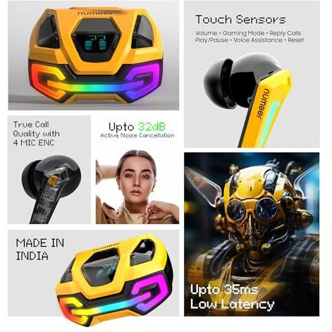numBer Super Buds GT M9 ANC (32db) Truly Wireless in Ear Earbuds with 60H Playtime, Dual Pairing Ear Buds, 35ms Low Latency, 13mm Speakers, 4Mic ENC, BT 5.4, Fast Charging, Made in India(Glass Yellow)
