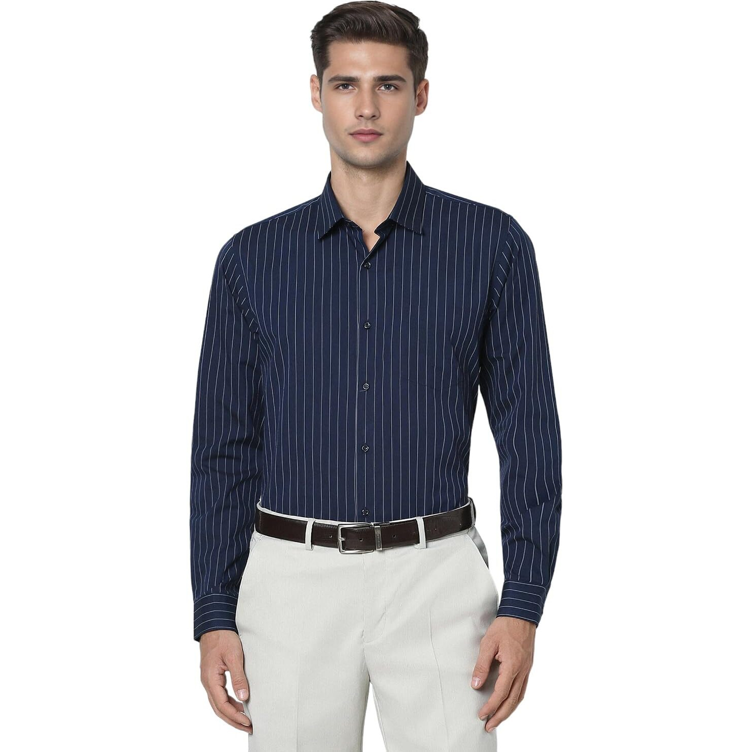 Peter England Men's Slim Fit Full Sleeve Striped Formal Shirt | Cotton Rich | Wonder Fabric | Pin Point Oxford Navy