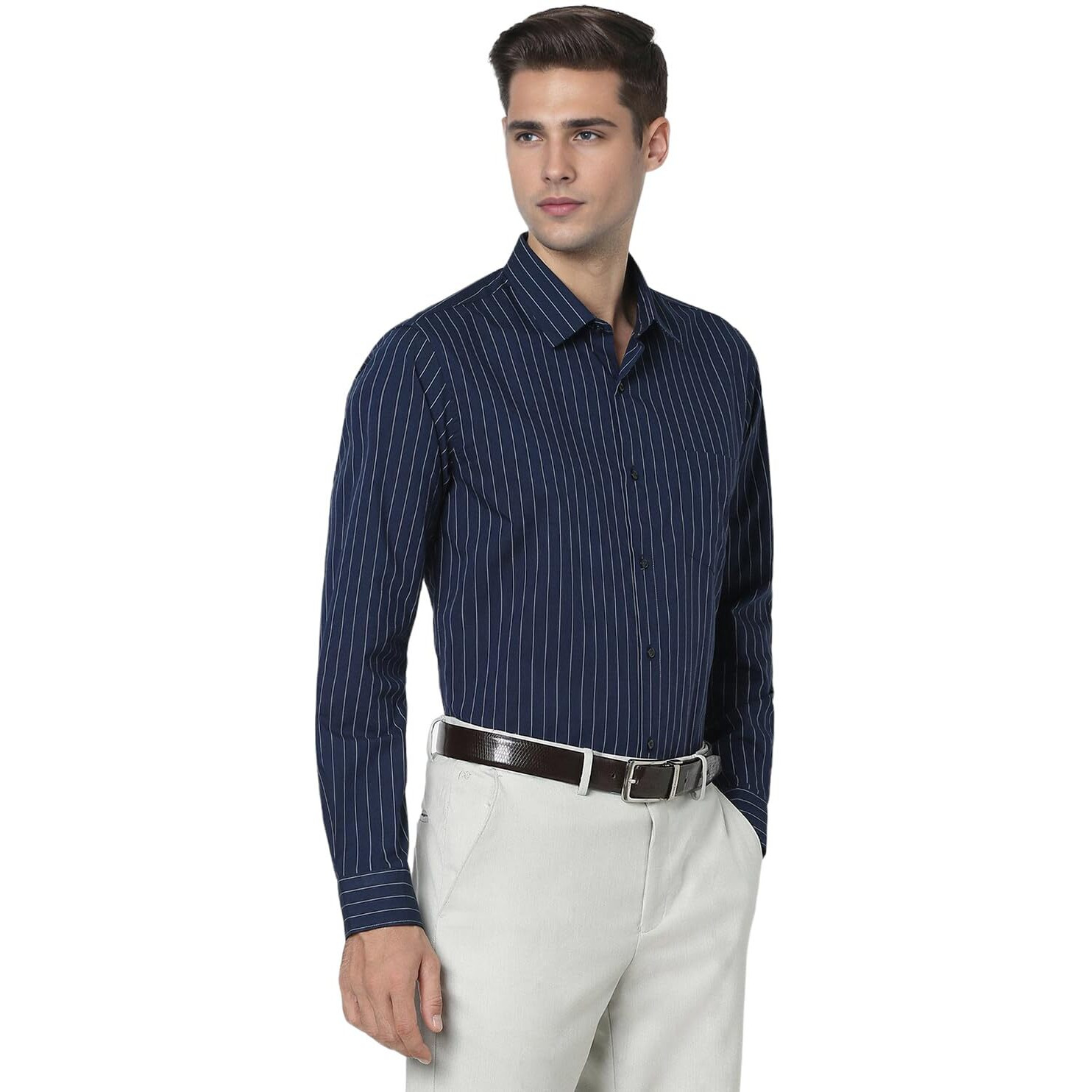 Peter England Men's Slim Fit Full Sleeve Striped Formal Shirt | Cotton Rich | Wonder Fabric | Pin Point Oxford Navy