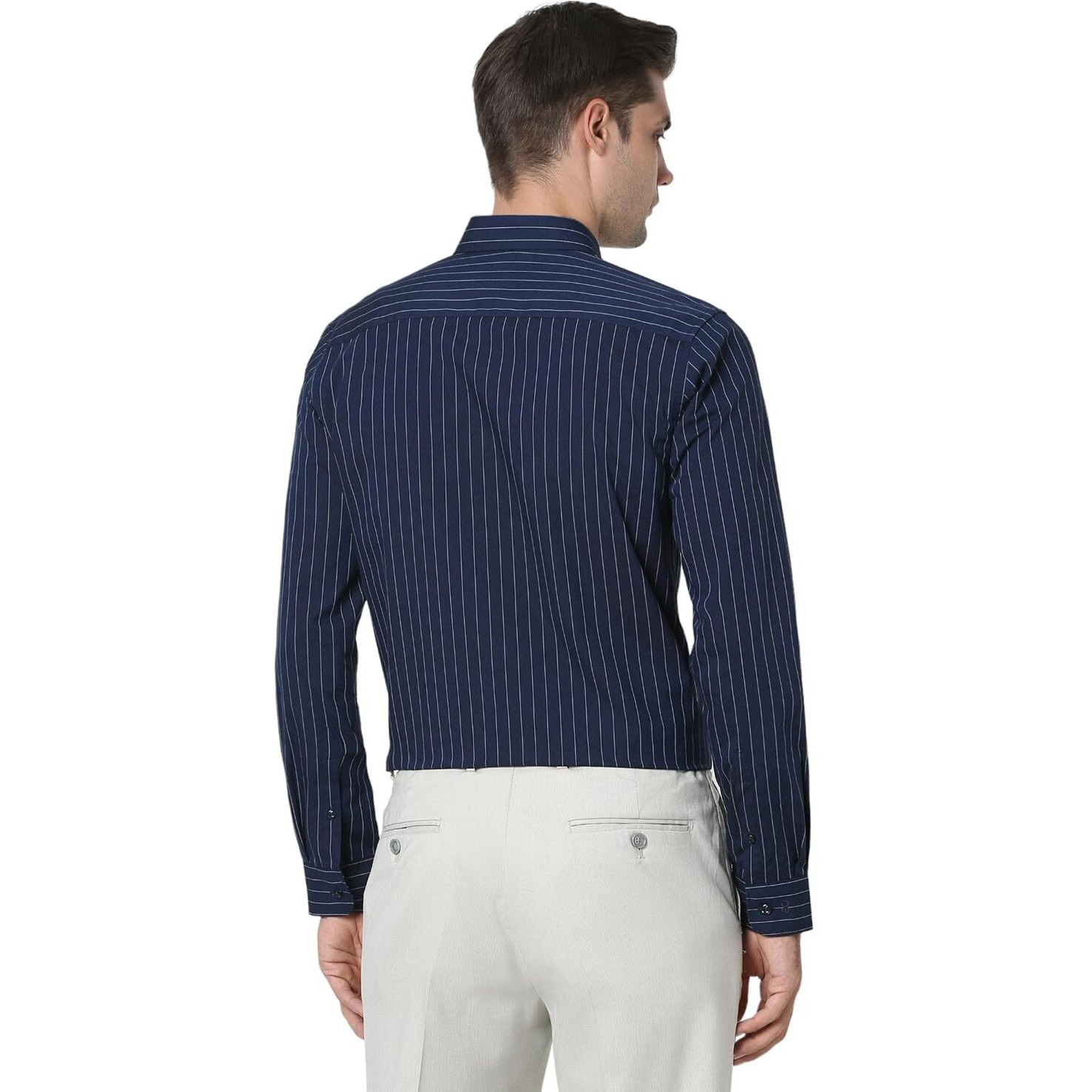 Peter England Men's Slim Fit Full Sleeve Striped Formal Shirt | Cotton Rich | Wonder Fabric | Pin Point Oxford Navy